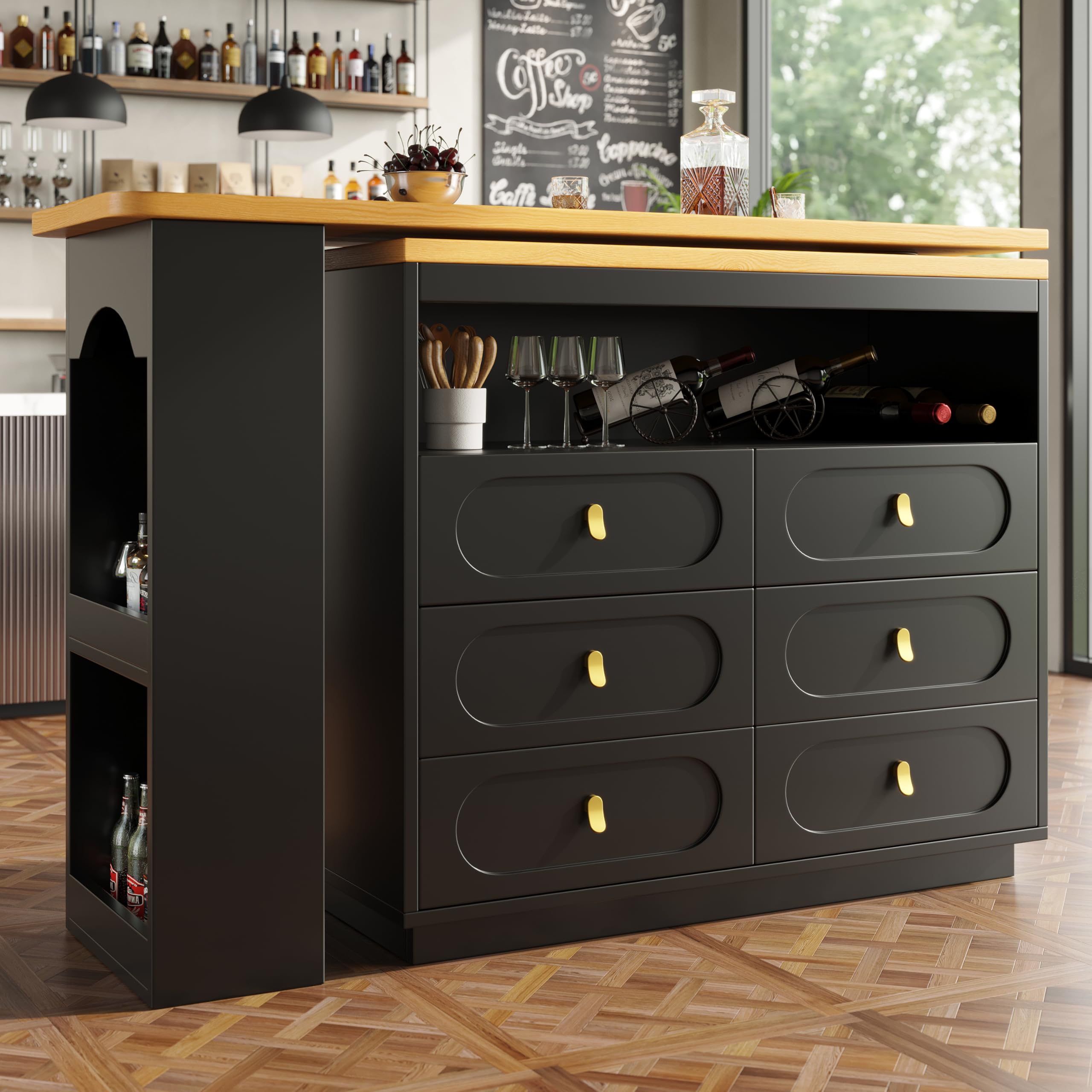 Tavolo da bar allungabile 90 x 140 cm, girevole a 360° e spazio di archiviazione, moderno tavolo da bar con cassetti, colore nero
