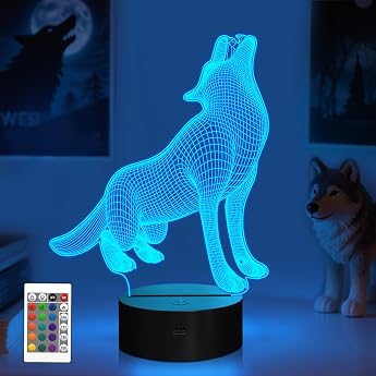CooPark Wolf Gifts for Children Wolf 3D Lamp with Remote Control 16 Colour Changing Animal LED Illusion Night Light Birthday for Men Children Boys [Energy Class G]