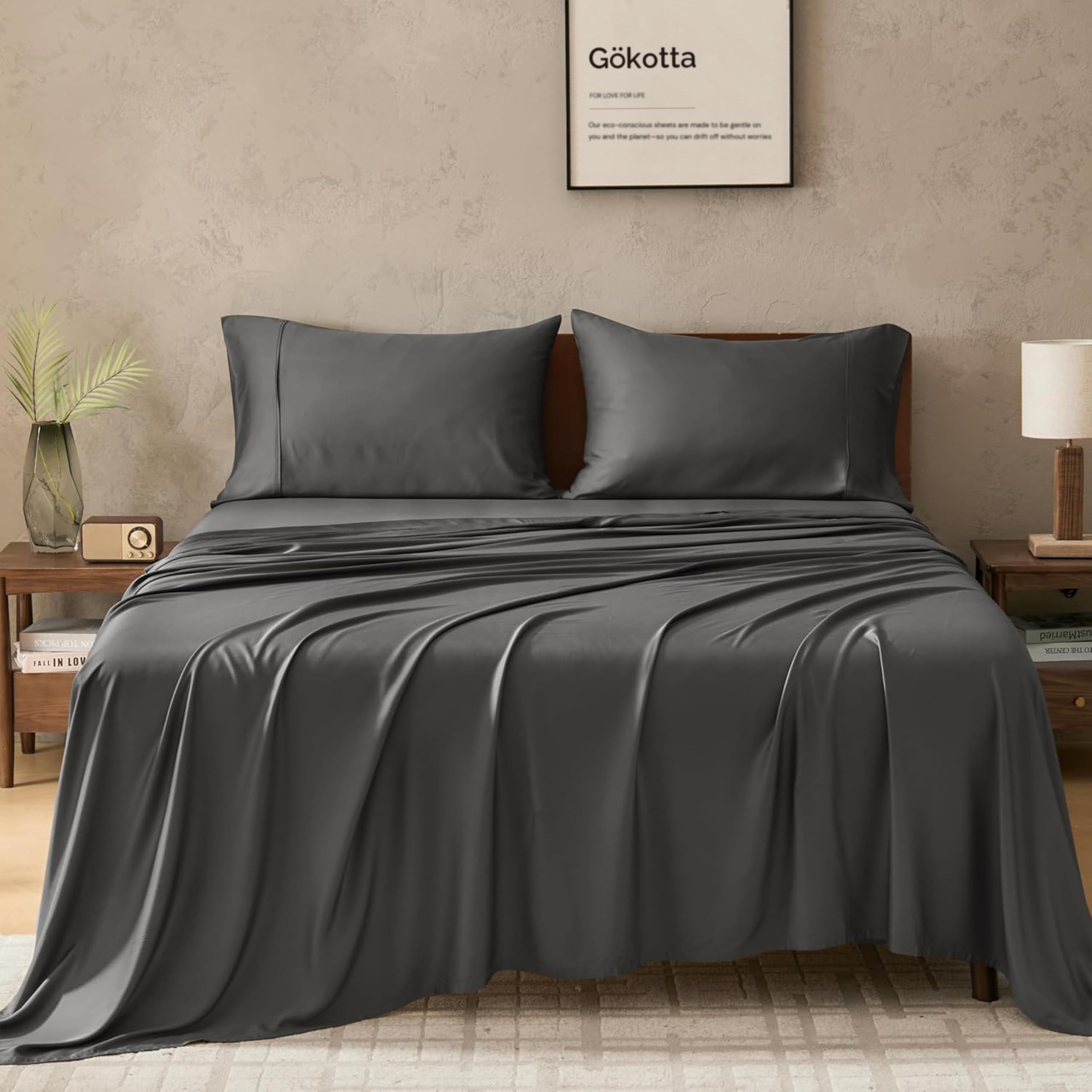 GOKOTTA FSC® Certified Bamboo Rayon Sheets King Size, 16 Inch Pocket Fitted Sheet with Elastic Corner Straps,Cooling Breathable Luxury and Soft Bed Sheets 4 Piece (King, Dark Grey)