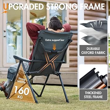 Portal Reclining Camping Chairs for Adults Set of 2 Heavy Duty High Back Luxury Padded Folding Garden Chair with Adjustable Pillow Oversized 160KG Comfy Deck Chair for Festival Dining Caravan