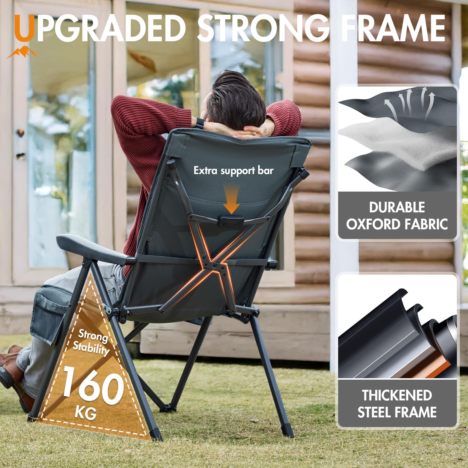 Portal Chaise Pliante Camping – Fauteuil de Jardin Portable Inclinable 160kg, Dossier Haut Réglable 3 Positions – Transat Confortable pour Plage, Terrasse, Balcon, Extérieur
