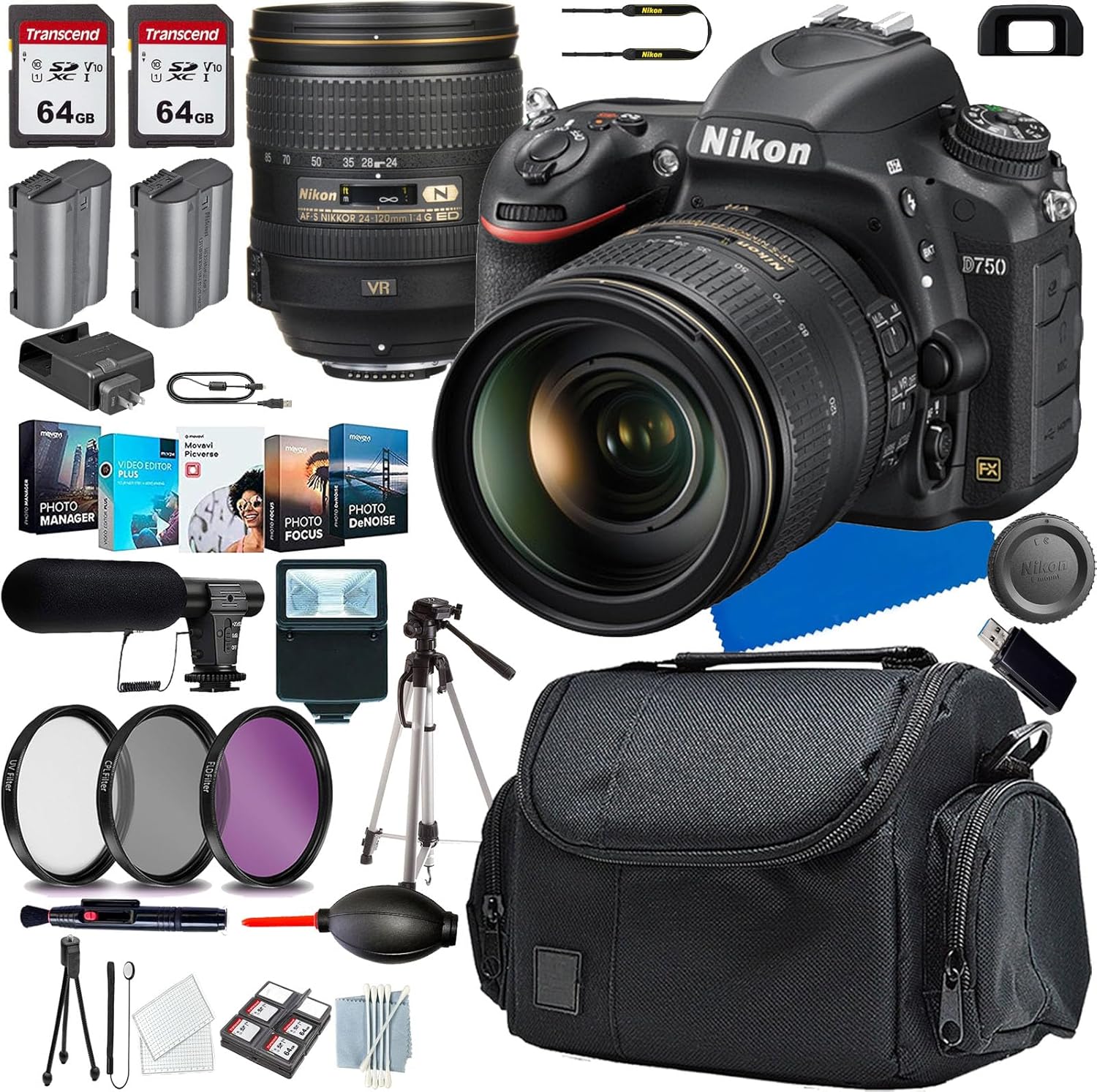 Nikon D750 DSLR Camera with 24-120mm Lens+Shot-Gun Microphone+Photo Software Package+Case+128 GIG Memory+Slave Flash+Tripod(13PC) Bundle