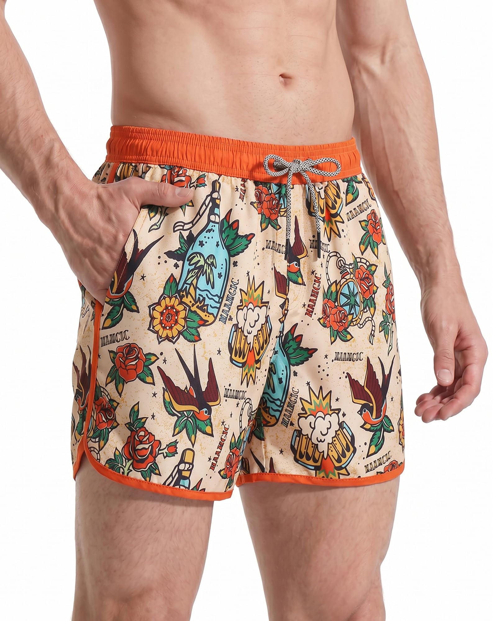 maamgic Herren Badeshorts Vintage Retro Boardshorts Schnelltrocknend Kurz Badehose Schwimmhose mit Mesh-Futter und Verstellbarem Tunnelzug