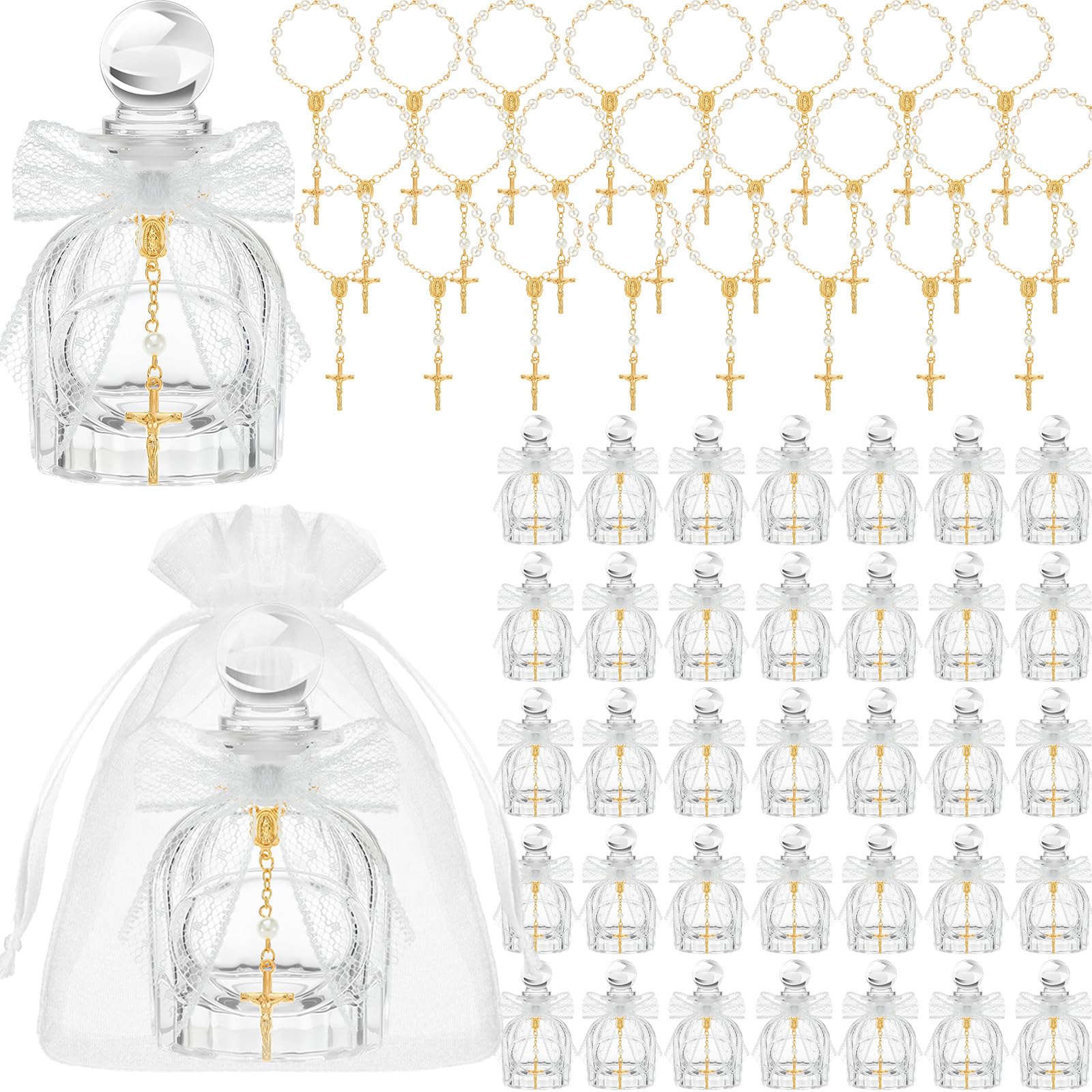 Chuangdi 24 Sets Holy Catholic Water Bottles Bulk Baptism Favors for Guests Catholic Christian Glass Bottles,Gold Cross Bracelet Organza Bags, Ribbon