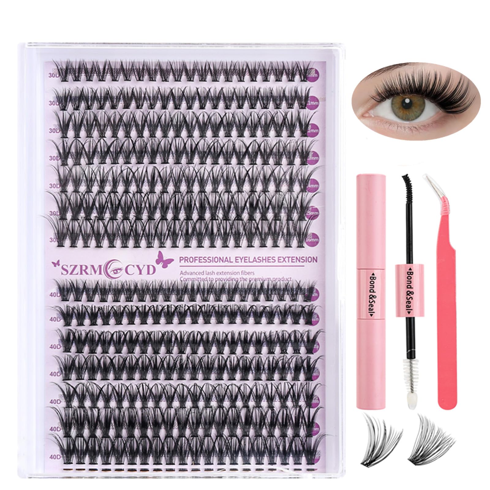 Eyelash Extension Kit, 280pcs DIY Individual Lash Cluster Kit D Curl, 9-16mm Mix Cluster Eyelash Extension Kit with Lash Bond and Seal False Eyelash Applicator Wispy At Home (30D+40D-9-16MIX KIT)