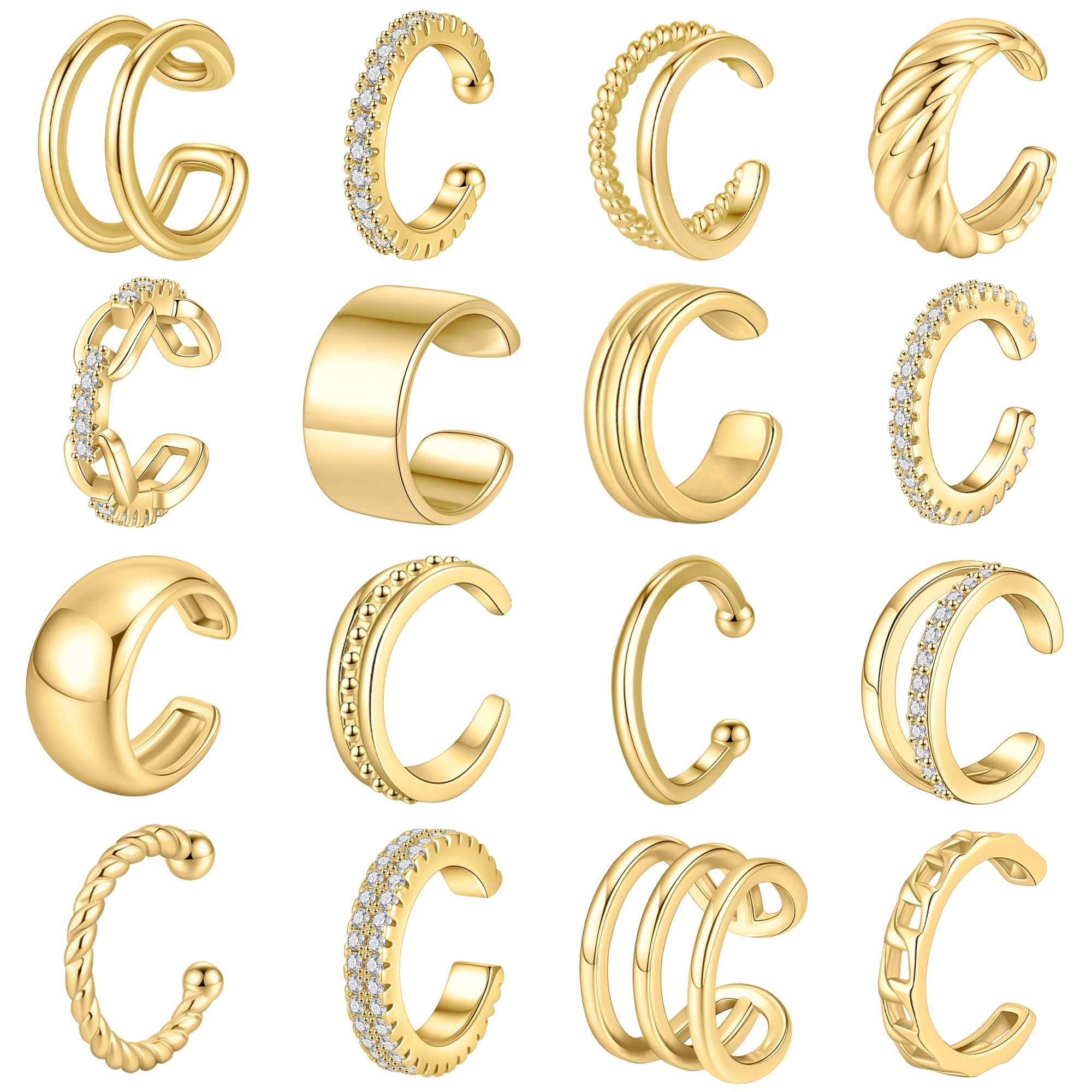 WAINIS 16PCS Ear Cuff Earrings for Women Non Piercing Gold Silver Ear Cuffs 14k Gold Tone Clip On Cartilage Earrings Lightweight Fake Earrings Set