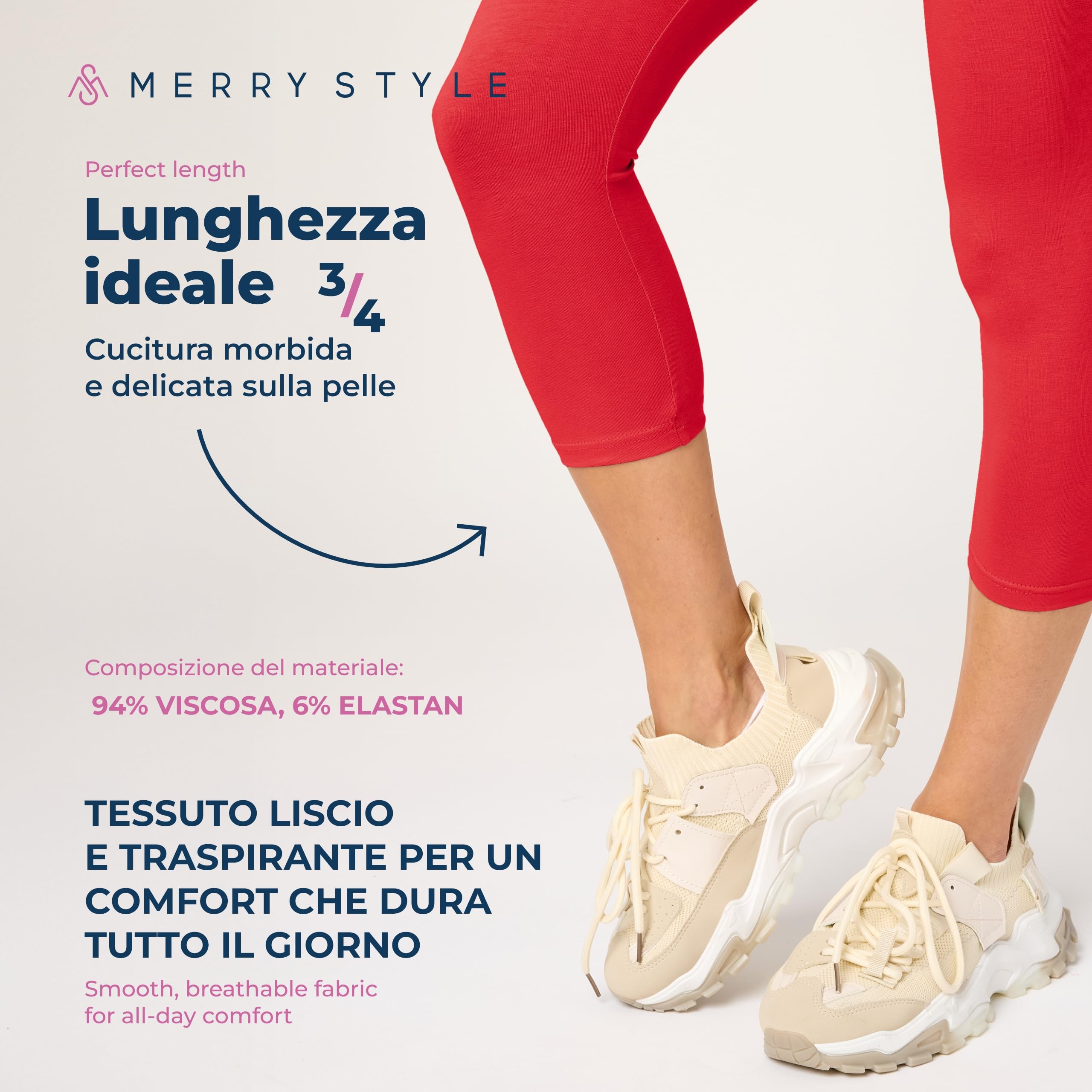 Merry Style Leggings Donna 3/4 Pantaloni Capri Morbidi e Confortevoli Leggins Donna in Cotone Traspirante Elastici e Delicati sulla Pelle Sensibile MS10-199