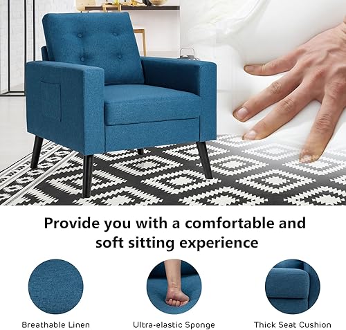 Miniatura 24 de Giantex Silla decorativa moderna, sillón tapizado de mediados de siglo con patas de madera de goma, tela de lino patentada, sofá individual para