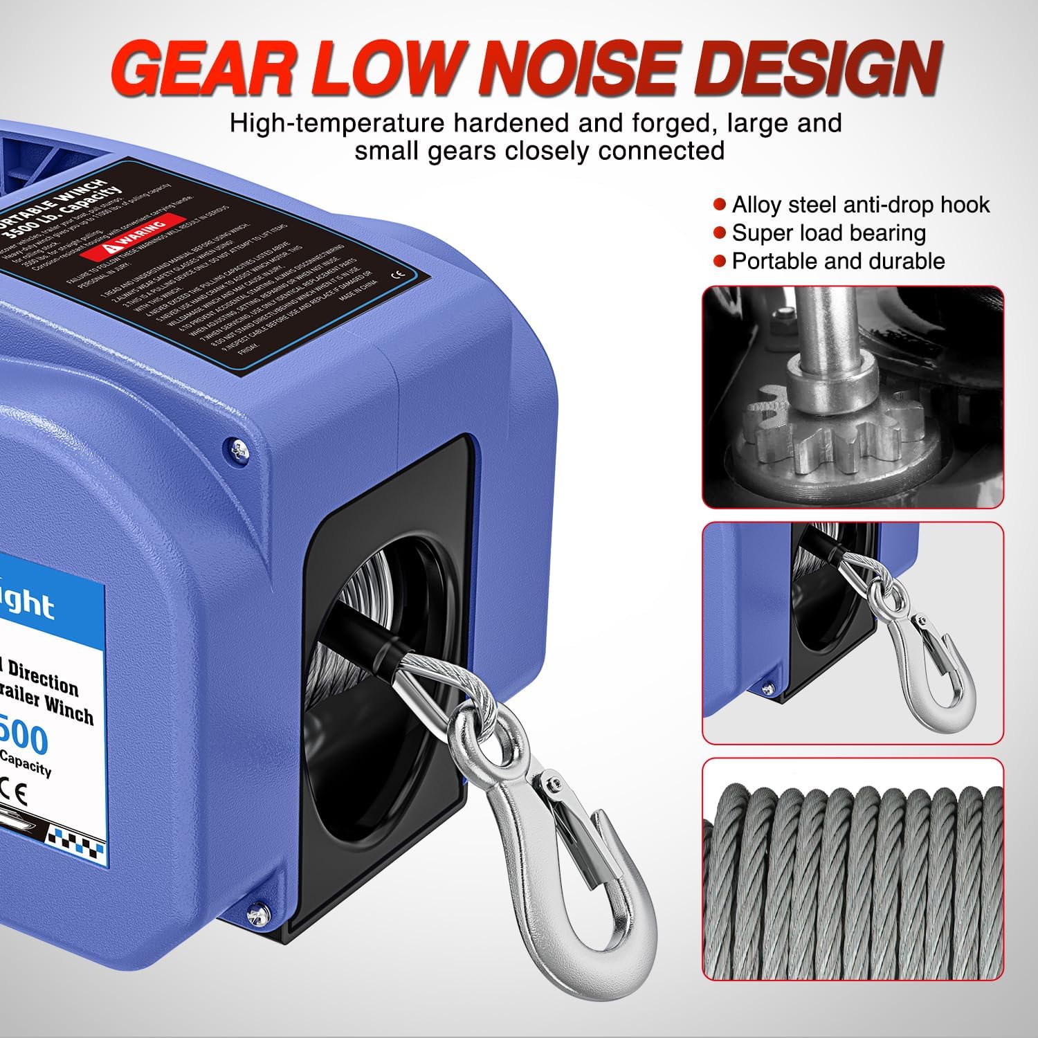 Nilight Boat Trailer Winch 3500 lbs Portable Electric Boat Winches 12 V DC Marine Winch with Steel Cable Remote Control & Hand Crank Power-in Freewheel Operat Waterproof Winch for Boat Trailer, Blue