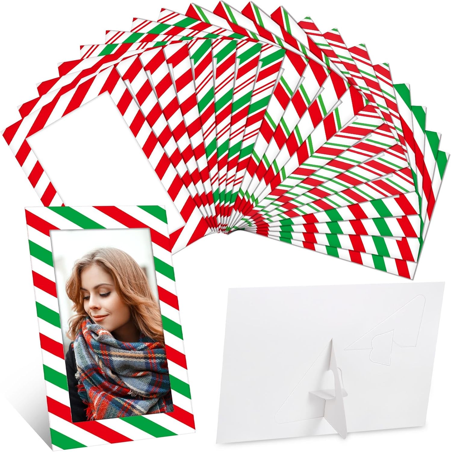 Qunclay 100 Pcs Christmas Photo Ornament 4x6 Paper Picture Frame Ornaments Bulk Xmas Stripes Cardboard Photo Display Red and Green DIY Frame for Party Decorations