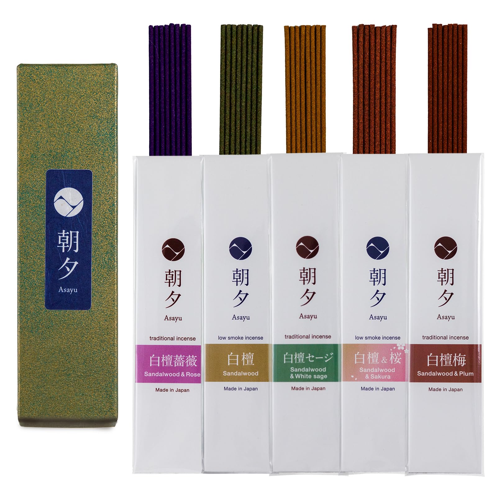 Asayu Japan Japanese Incense Sticks Assortment, 5 Sandalwood Scents (Sandalwood & Rose, Sage, Sakura, and Plum) Made in Japan, 20gr Assorted Sampler Variety Pack