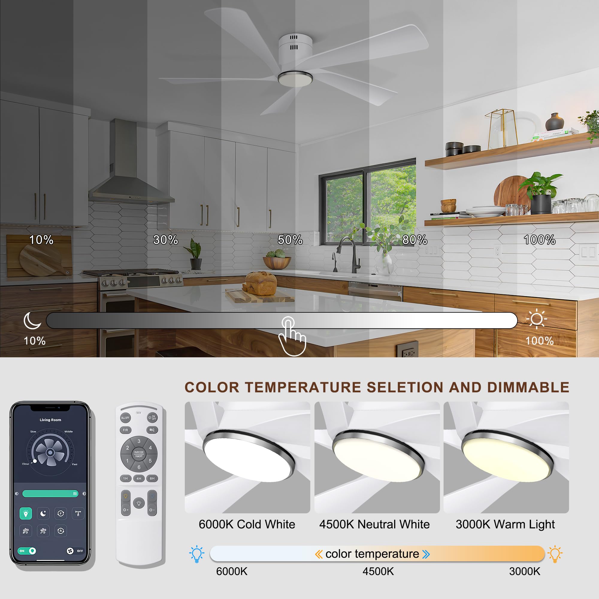 Ohniyou 132 cm Ventilatore da Soffitto con Luce, Telecomando e Controllo APP, Ventilatori da Soffitto per Esterni, Luce Regolabile, Motore DC Silenzioso, Reversibile per Camera da Letto, Soggiorno