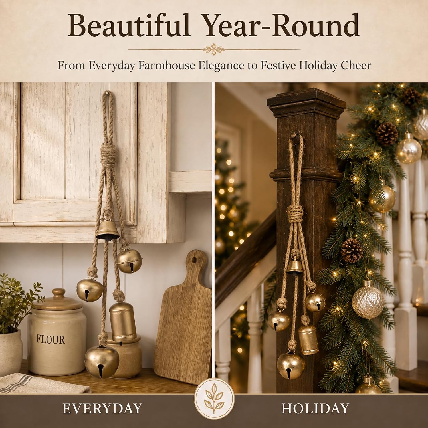 Flutesan 2 Pack Rustic Gold Christmas Bells with Hanging Rope 17.7 Inch