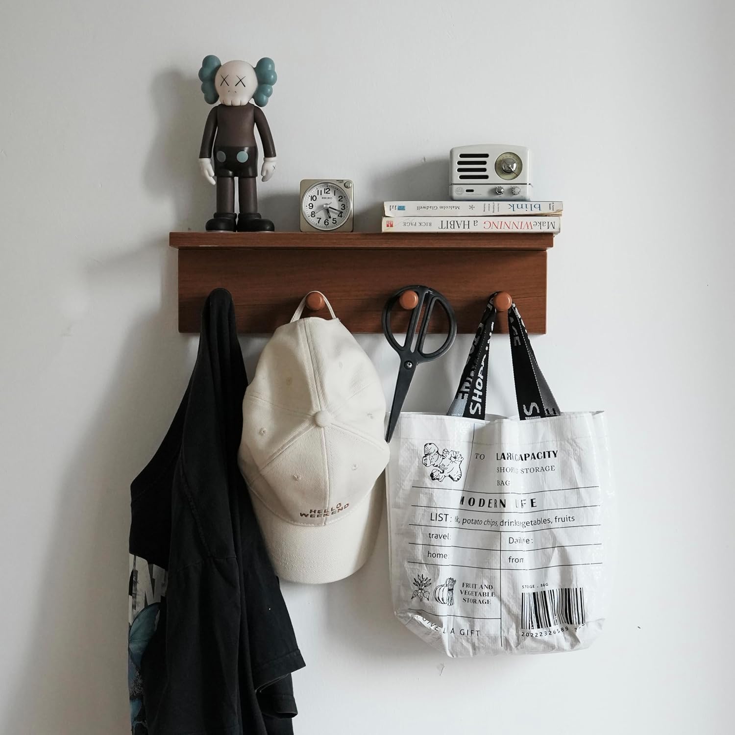 Entrance Coat Rack ，Coat Hooks, Wall-Mounted Wooden Hook Rack, Wall-Mounted Shelves are Very Suitable (Teak Color Finish—A-2)