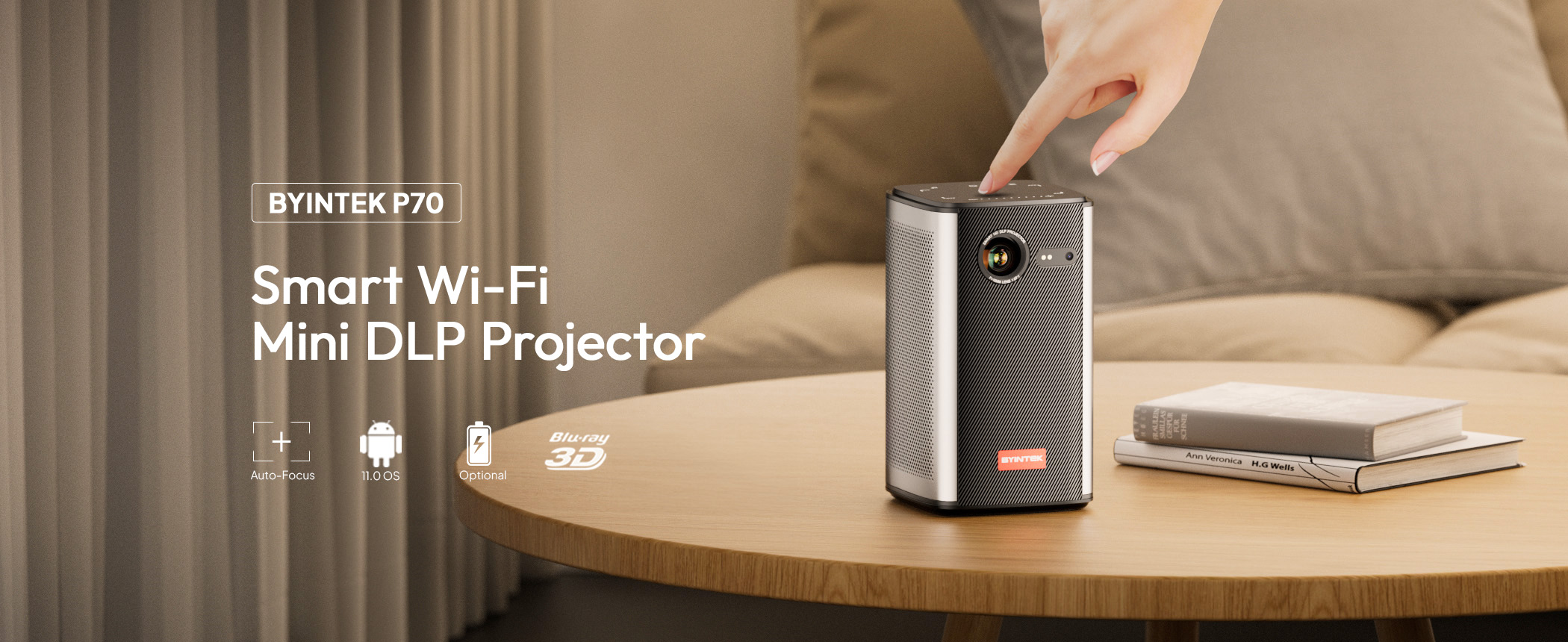 BYINTEK P70 Mini Projetor Portátil com Bateria, Android 9.0 WiFi