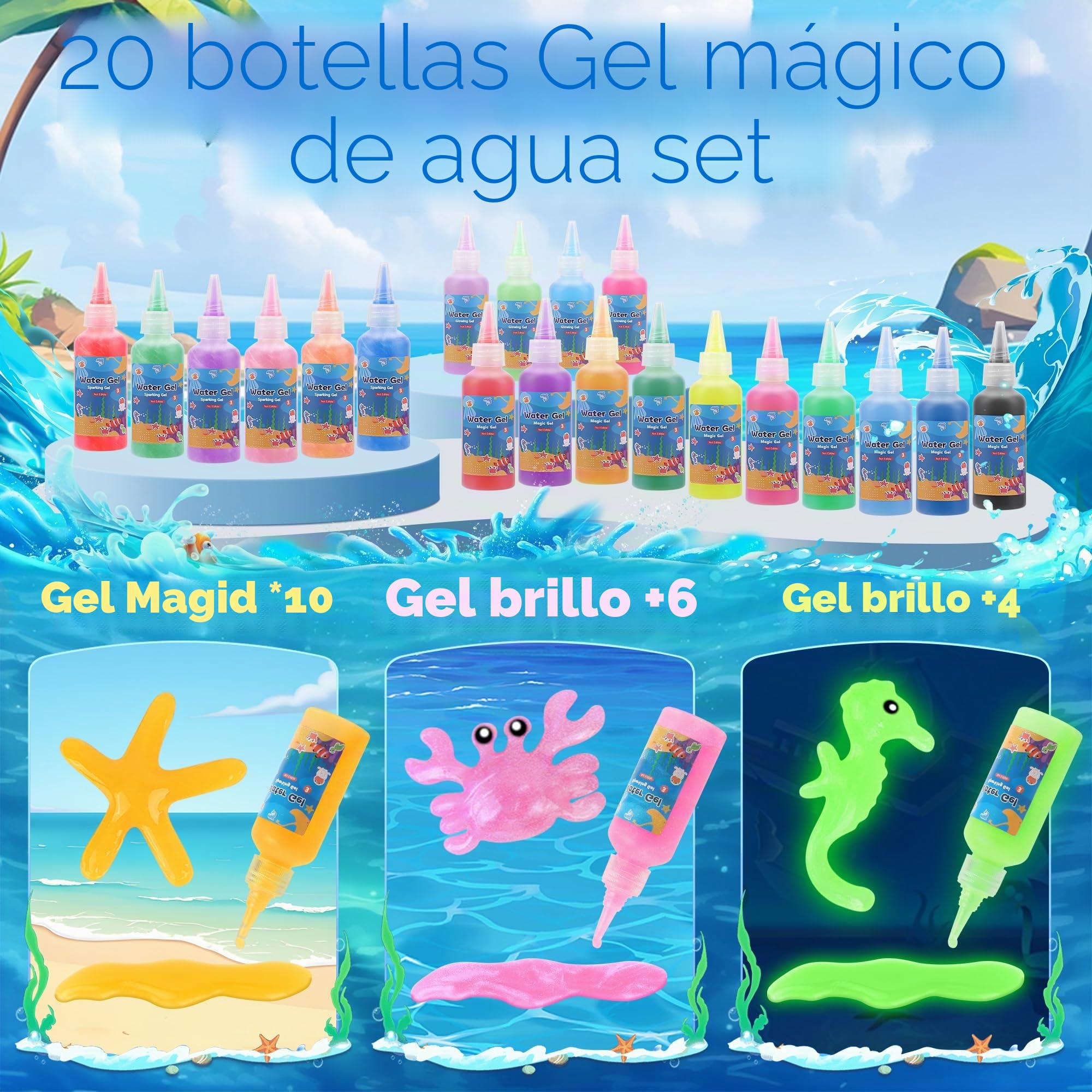 Herenear Juguete de Aqua Gelz, 54 PCS Magic Water Elf con 20 Botes de Gel de Color y 16 Formas, Creativos Elfo Mágico de Agua, Regalo Juguetes educativos para Niños 3 4 5 6 Años