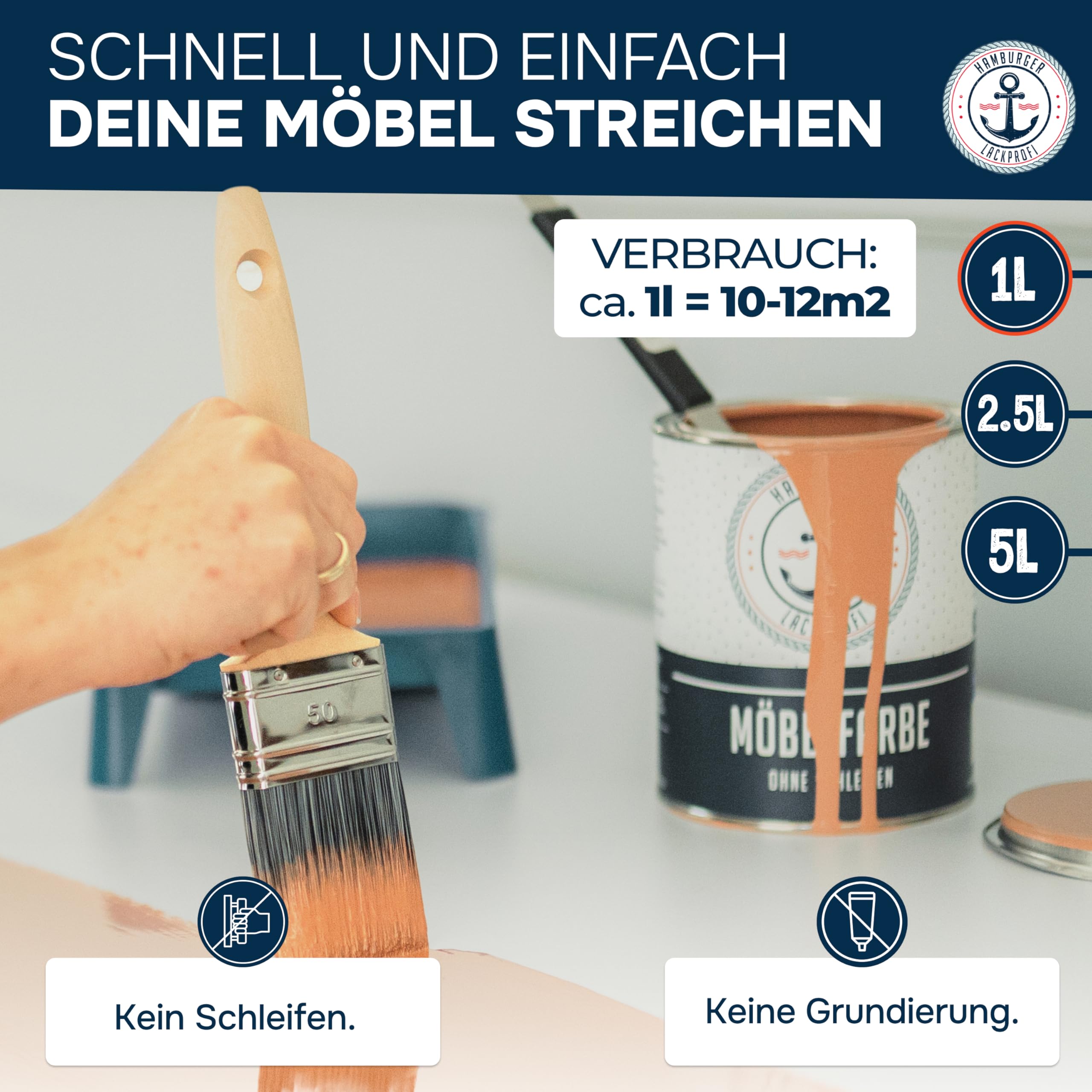 Hamburger Lack-Profi Möbelfarbe ohne Schleifen FARBAUSWAHL - GLANZAUSWAHL Möbellack Holz und Metall - für Innen & Außen (1 L)
