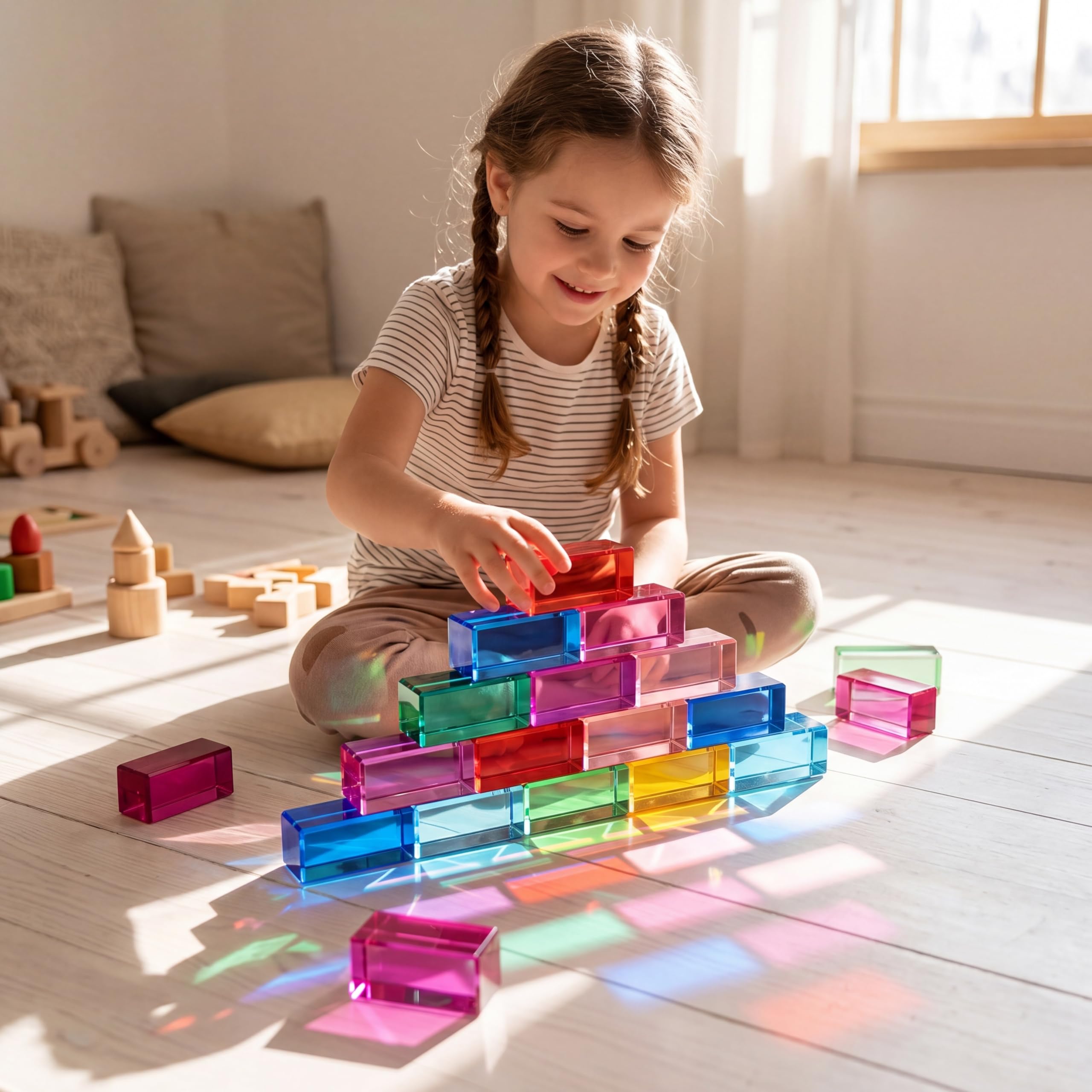 Meooeck 20 cubetti di gemme acriliche traslucide arcobaleno, blocchi da costruzione, ombre di cristallo, impilabili, giocattoli da tavolo per scuola, aula scolastica, forniture educative (5 x 2,5 x