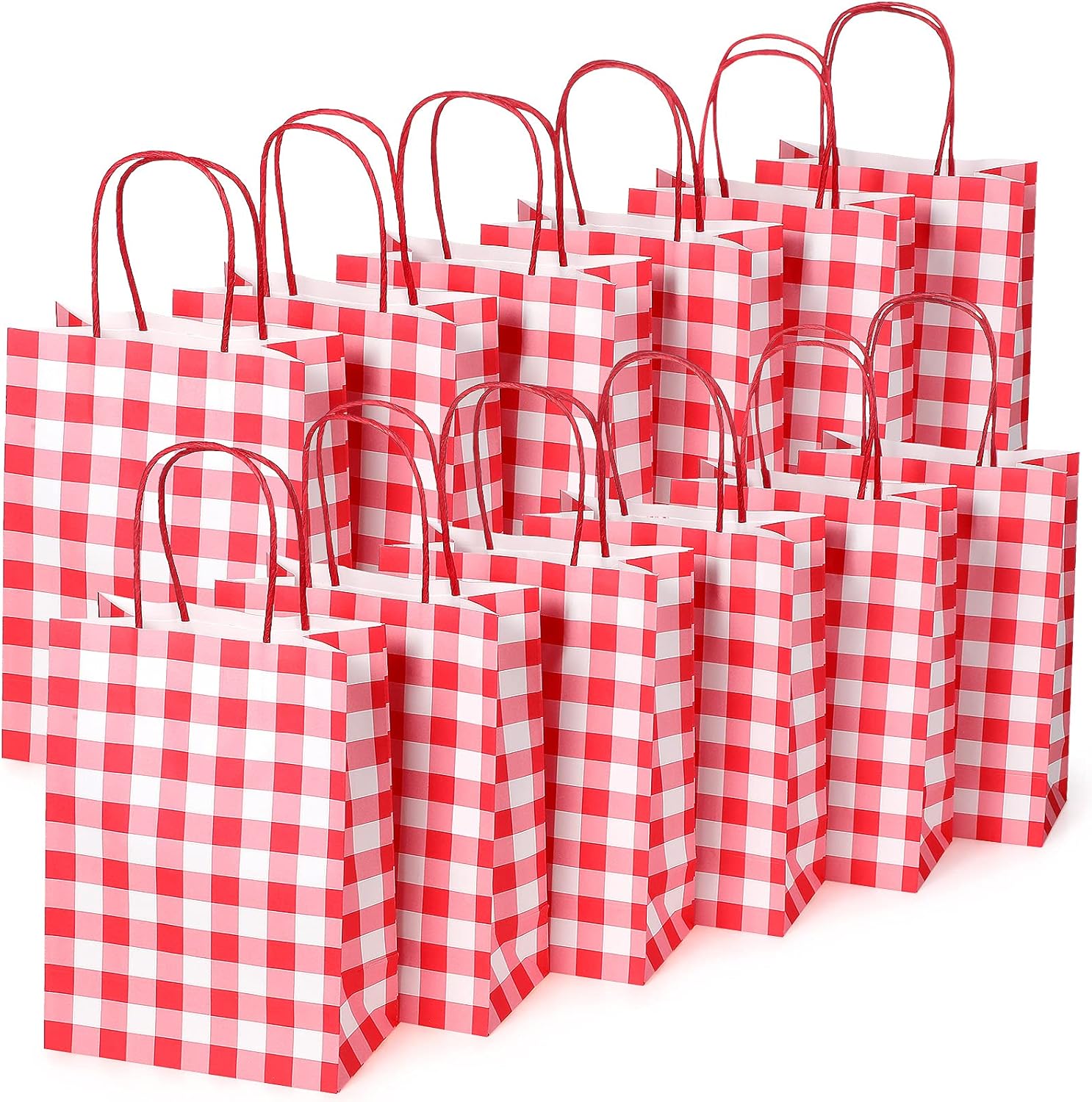 Chinco 30 Pcs Gingham Kraft Paper Gift Bags Bulk with Handles, Rustic Buffalo Plaid Treat Goodie Bags for Party Favors Supplies Christmas Birthday Baby Shower Wedding Candy Cookies Gifts(Green White)