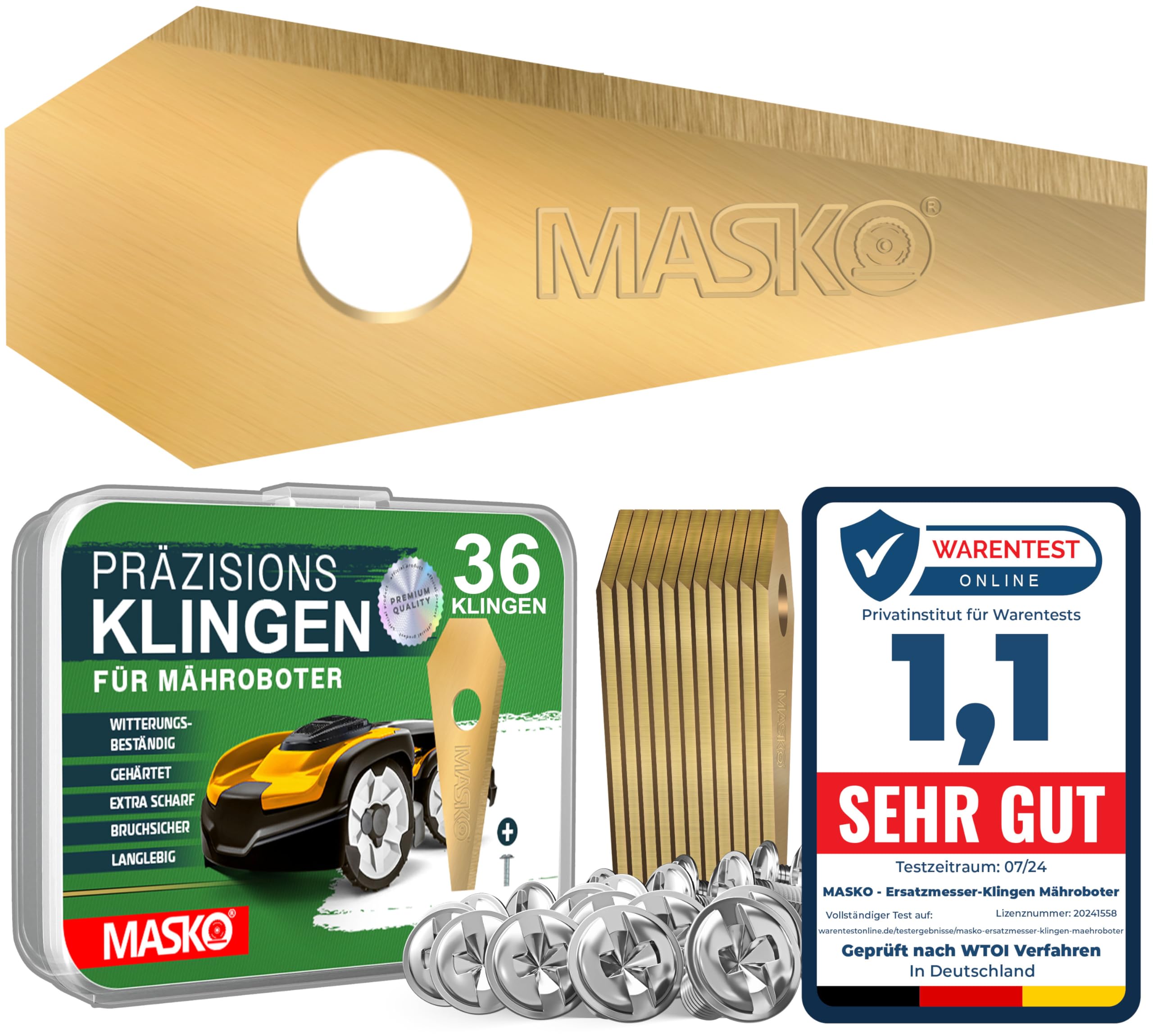 MASKO® Ersatzmesser Klingen für Mähroboter | Rasenmäher Messer universal inkl. innovativen Schrauben | Ersatzklingen Rasenroboter langlebig Titan-Beschichtung Kompatibel mit Bosch 36 Stück