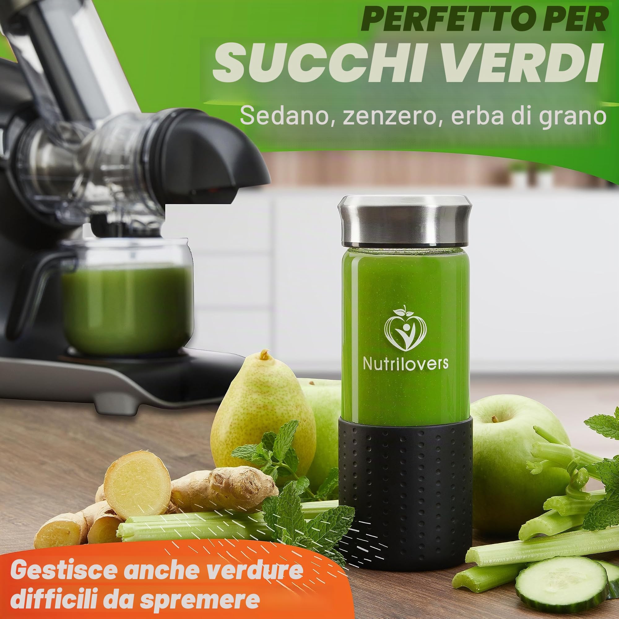 GREEN-PRESS MAX Estrattore di Succo Lento in Acciaio Inossidabile 304 con Coclea Senza BPA | Per Frutta Intera, Sedano, Verdure e Frutta | Vincitore del Test 2023 | Estrattore di Succo Versatile