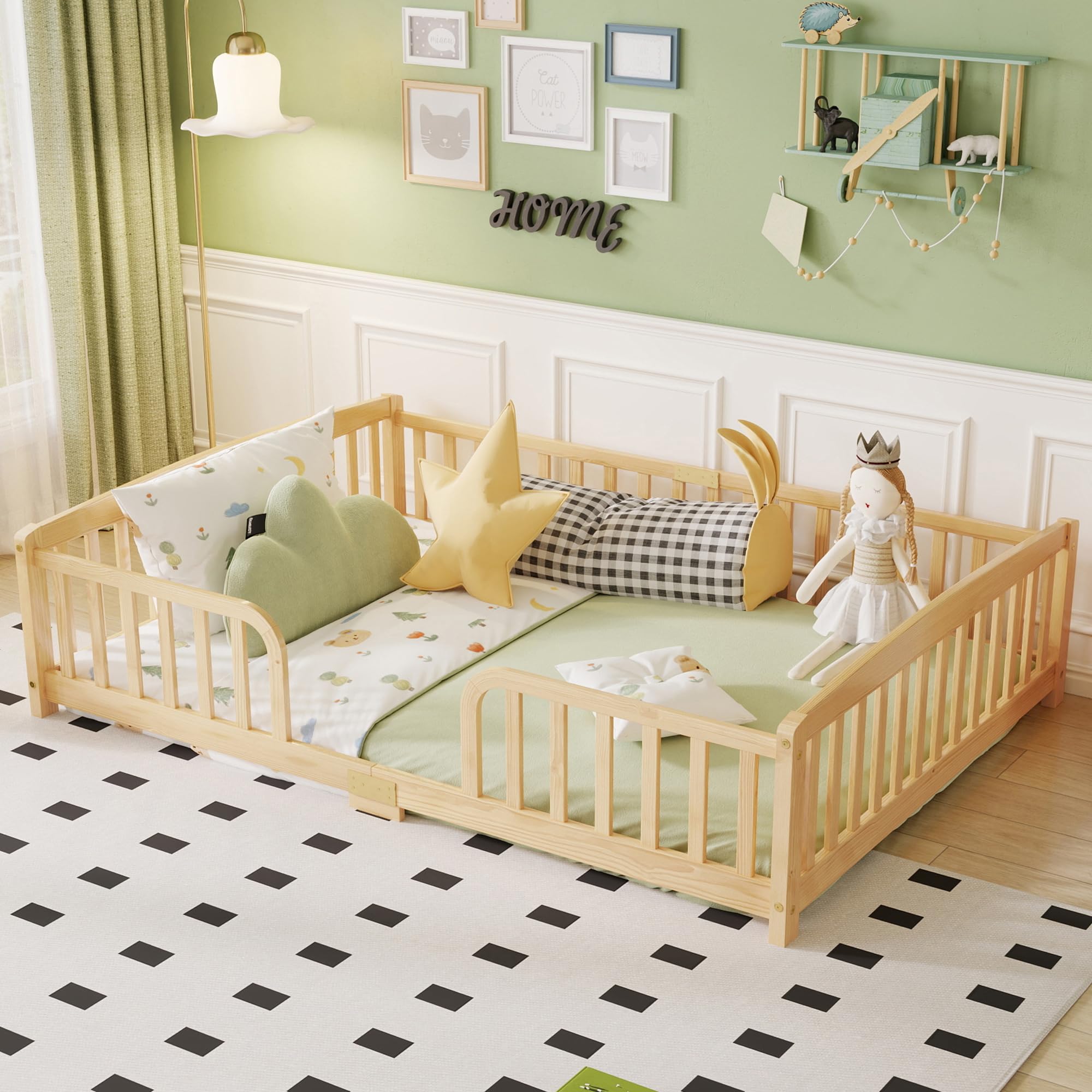 Cama Infantil Montessori 140x200 cm con Barrera, Color Natural