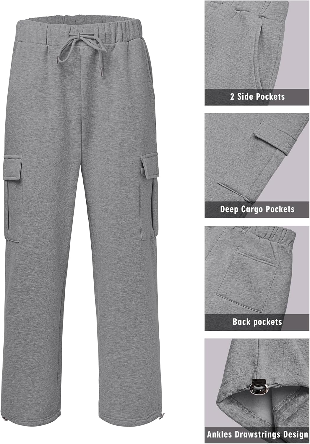 Men's Fleece Cargo Sweatpants Loose Fit Cotton Joggers with 5 Pockets Open Bottom for Gym Hiking Casual Wear - Image 4