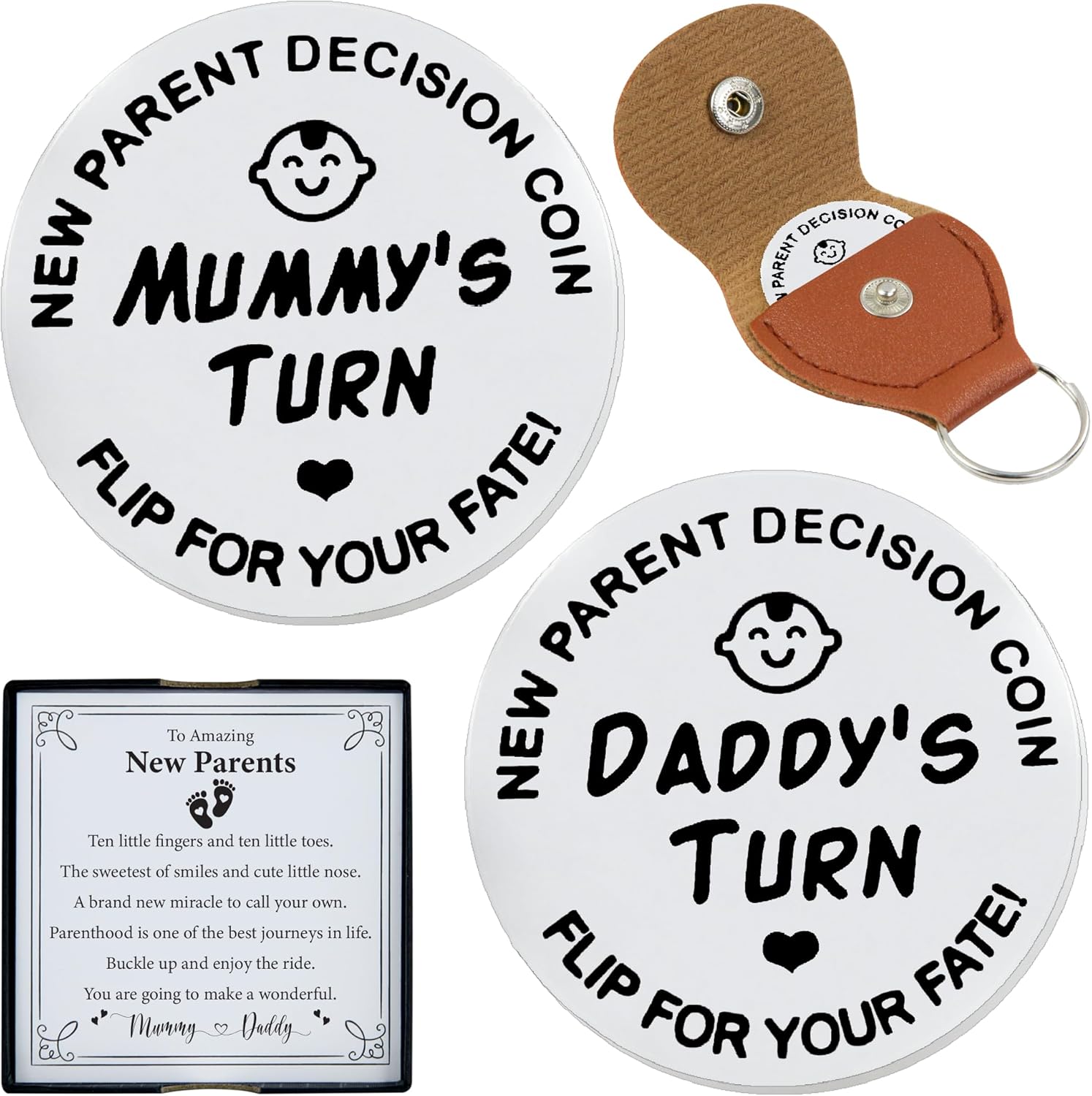 New Parent Flip Decision Coin with Leather Case – Mommy vs Daddy Turn | Fun Keepsake to Share Baby Care Duties & Parenting Tasks | Baby Shower, Pregnancy & Maternity Gift for New Moms & Dads