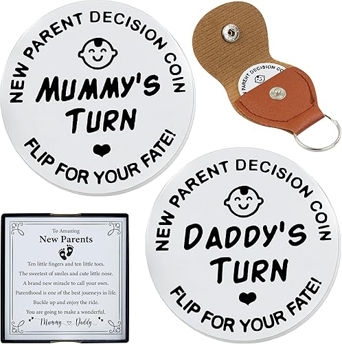 Nueva moneda de decisión para padres con funda de cuero  Mommy vs Daddy Turn  Divertido recuerdo para compartir deberes de cuidado del bebé y tareas