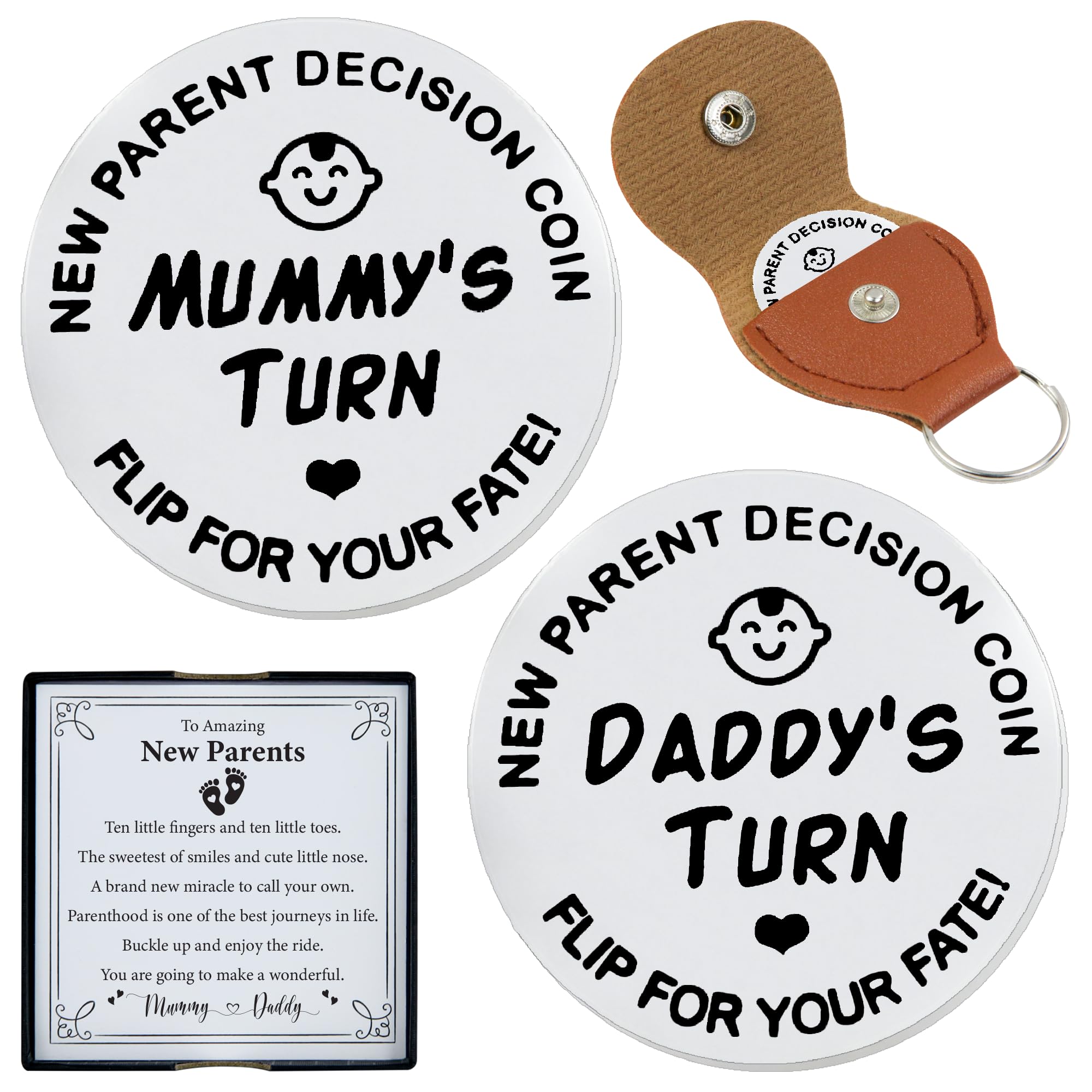New Parent Flip Decision Coin with Leather Case – Mommy vs Daddy Turn, Fun Keepsake to Share Baby Care Duties & Parenting Tasks, Baby Shower,