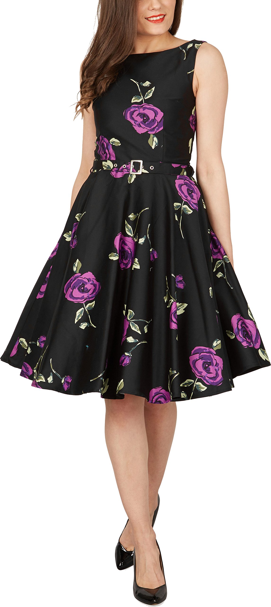 BlackButterfly 'Audrey' Infinity Vintage Rockabilly Floral 1950s Dress (Large Purple Roses, UK 8)