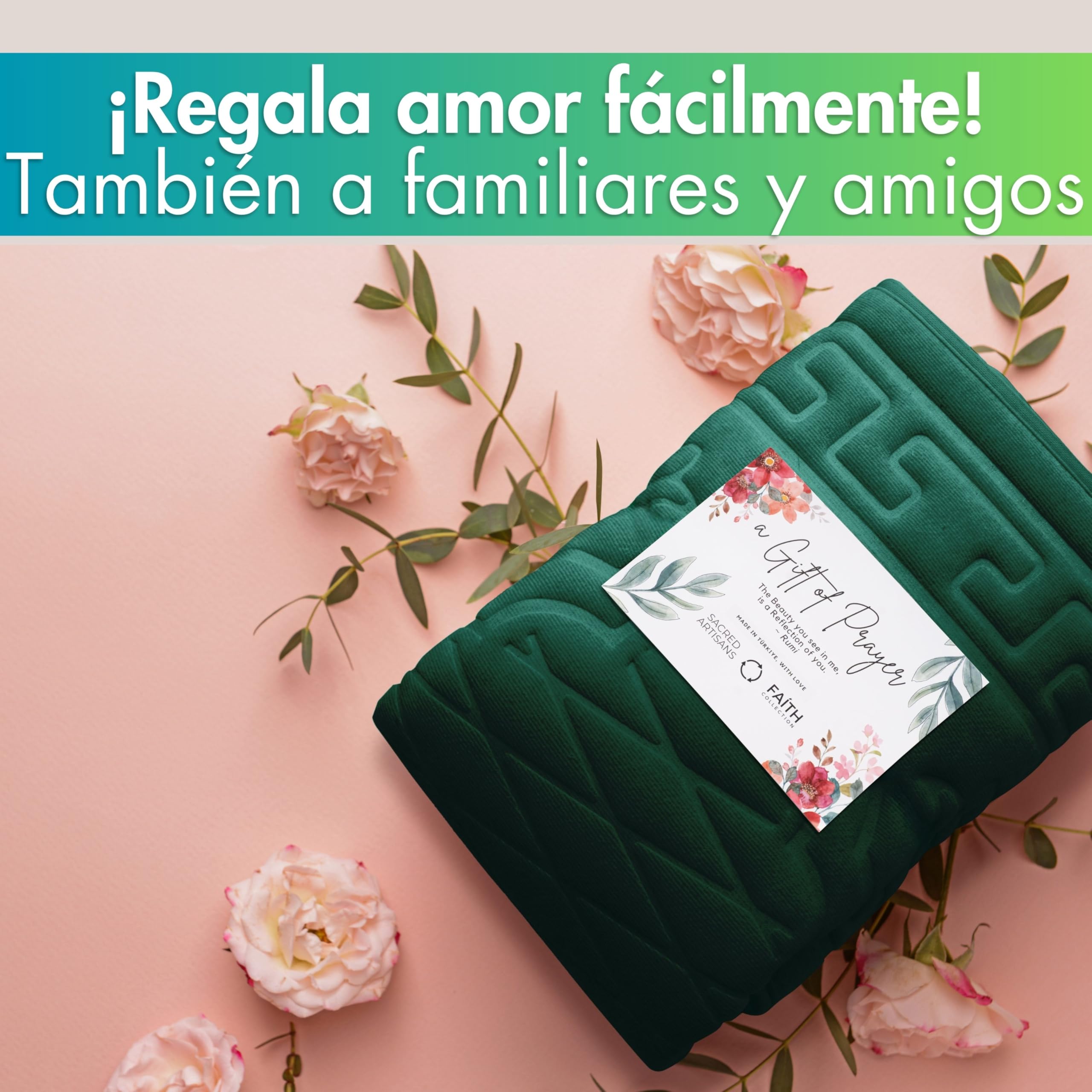 Sacred Artisans Alfombra de Rezo Islam Regalos para Musulmanes | Alfombra de Oración Musulmana Acolchada de Terciopelo Suave para Salah Ramadán Eid Hajj Viaje (Verde)