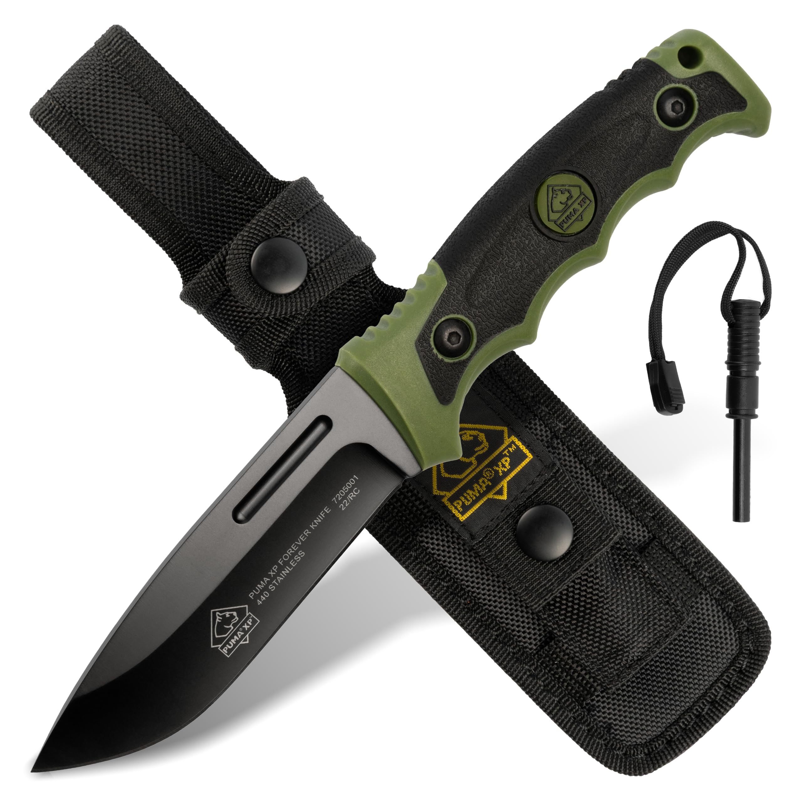 PUMA XP – Forever Knife - Feststehendes Gürtelmesser in Grün - 123mm Klinge aus 440er Stahl (55-57 HRC) - Mit robuster Kunststoffscheide - Für Outdoor, Survival, Jagd & Camping (Art.Nr.: 7205001)