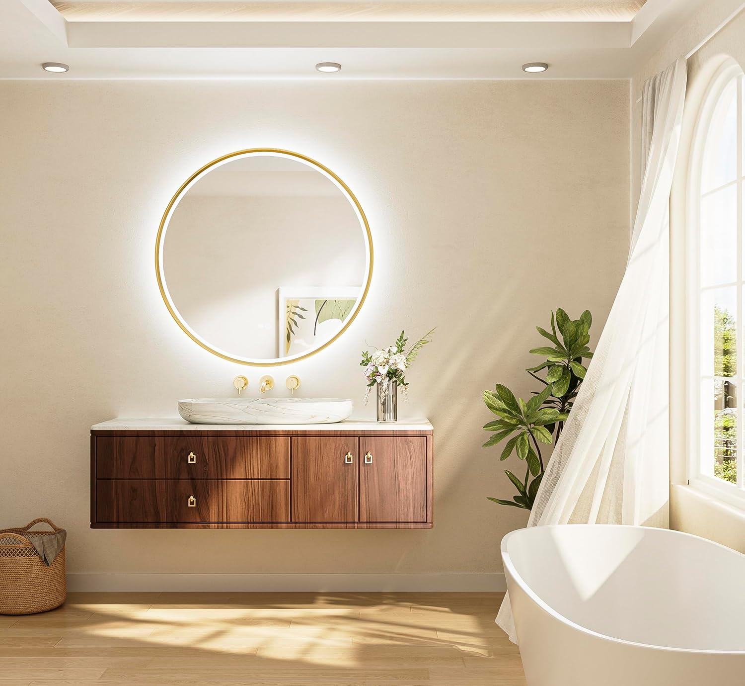 TETOTE Gold Round Led Mirror with Lights 36 Inch Metal Framed Round Circle Lighted Bathroom Vanity Mirror Wall Mounted, Front and Backlit 3 Color Stepless Dimmable Anti Fog, Shatterproof, CRI 90+
