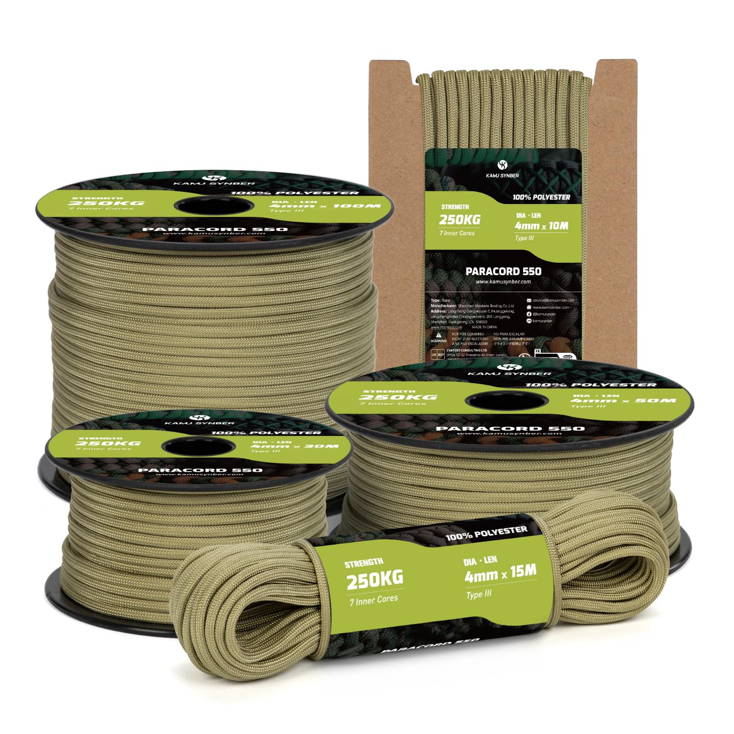 Kamu Synber Paracord 550 Type III 4mm 15m 7 Strands 100% Polyester Rope Parachute Cord Ideal for Crafting, Outdoor, Survival | Support 250kg | Holy Guacamole