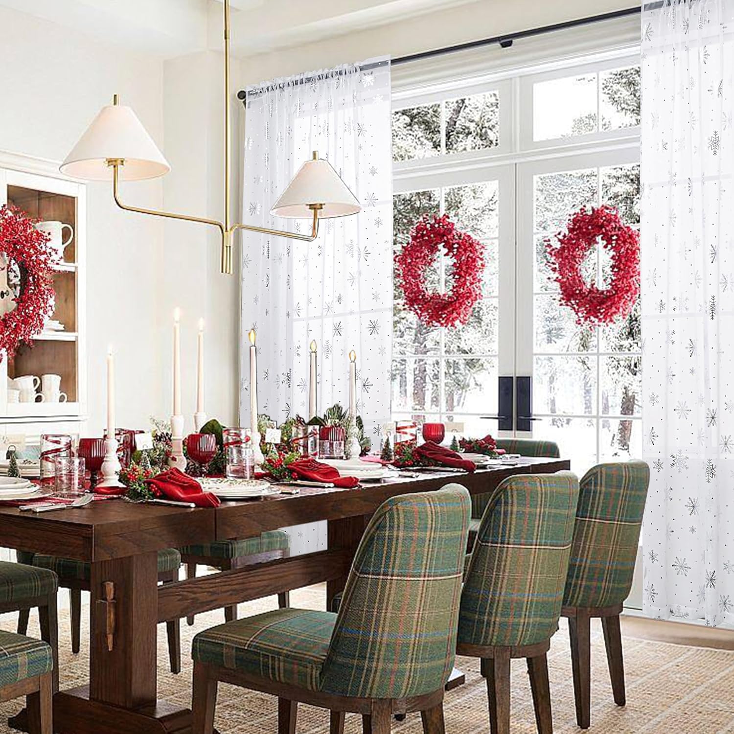 Christmas Sheer Curtains for Living Room, Luxury Snowflake Silver Foil Print Sheer Curtains, Rod Pocket Window Drapes Decorations for Bedroom and Home Decor, 2 Panels White 52W x 63L