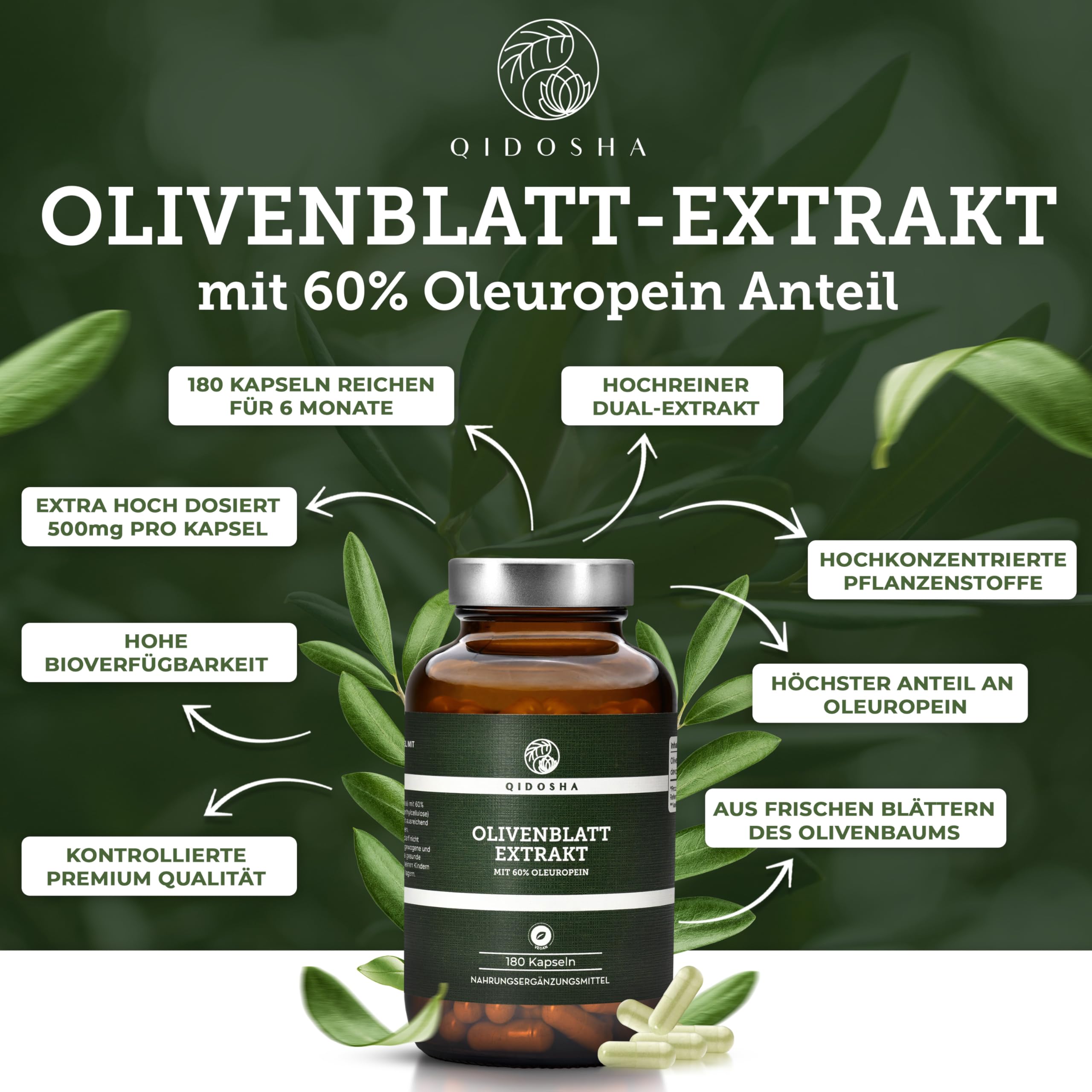 QIDOSHA® Olivenblatt Extrakt hochdosiert mit 60% Oleuropein, 180 Kapseln, höchster Oleuropein-Gehalt im Markt, jede Charge u.a. auf Pestizide und Schwermetalle in externem Labor geprüft