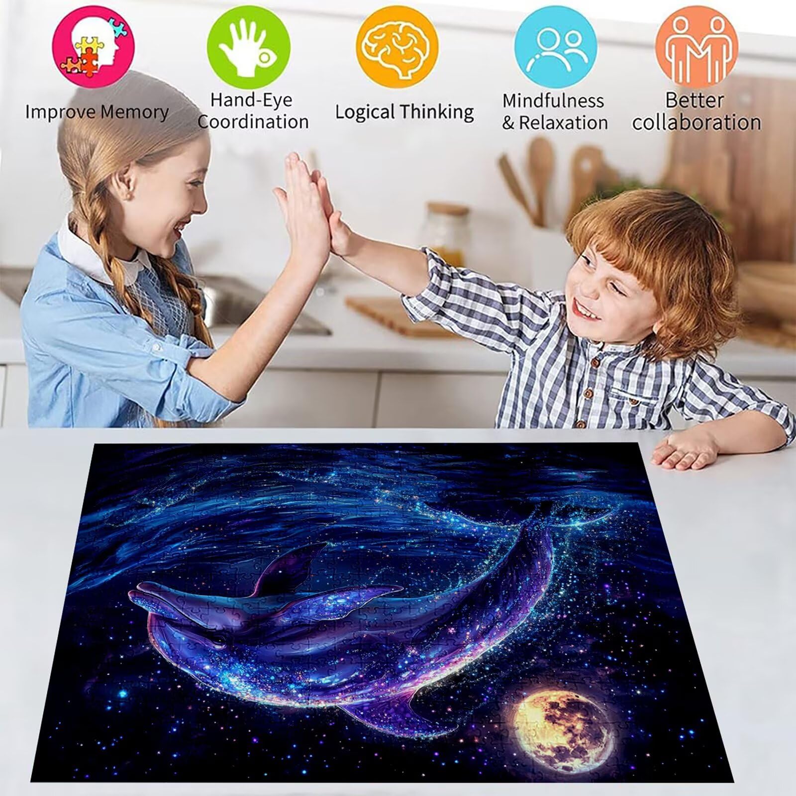 Puzzle 5000 elementów delfin puzzle dla dorosłych księżyc 156 x 105 cm unikalne rzemiosło klasyczne 3D drewniana układanka do rodzinnych gier aktywnych, układanka zrób to sam do dekoracji ścian domu