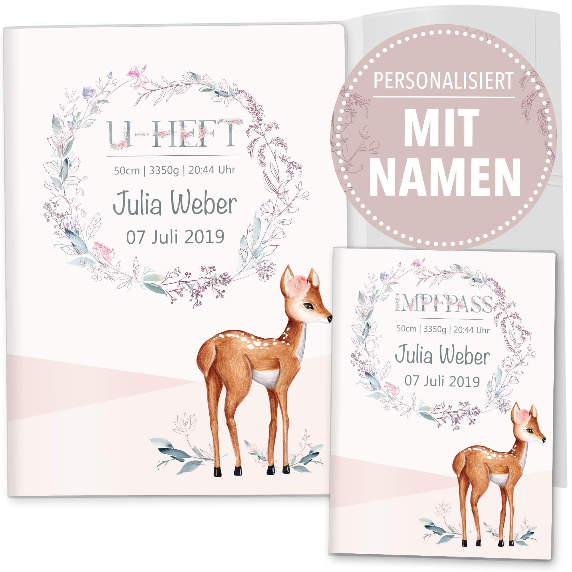 OLGS U-Heft und Impfpasshüllen 3-teiliges Set Rehkitz | Untersuchungsheft und Impfpass Hülle, schöne Geschenkidee für Kidner mit Namen (Uhefthülle, Impfpasshülle personalisiert, Gloria)