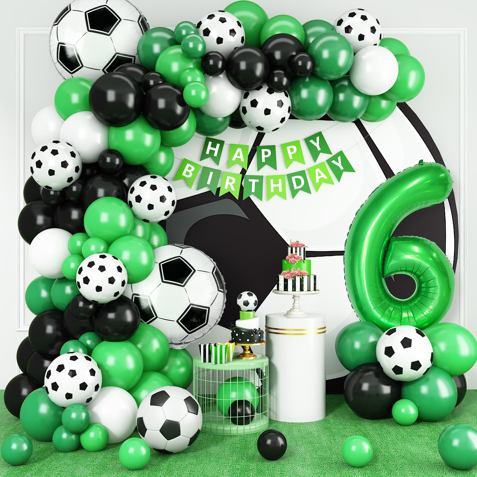 6th Birthday Soccer Balloon Arch,6th Soccer Garland Kit with Green Number 6 Balloon Football Balloons for Boys Kids 6 Birthday Party Decorations