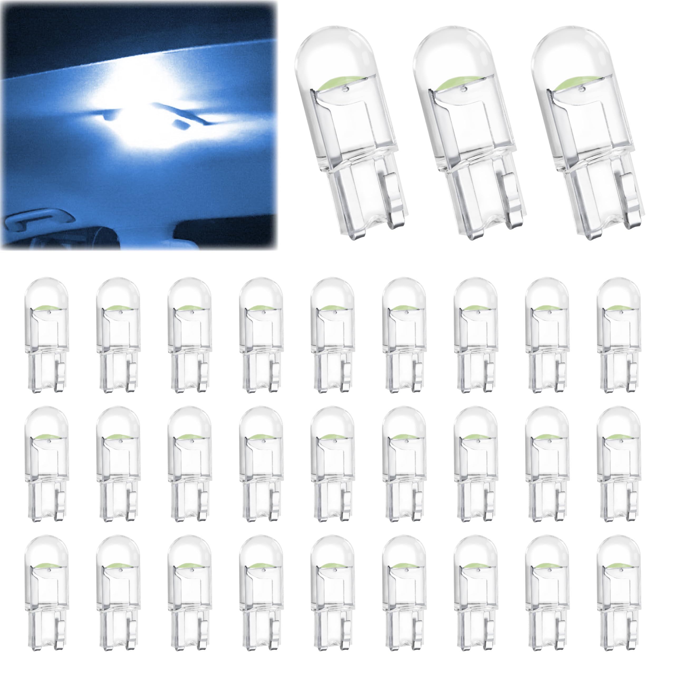 Photo 1 of 30 PCS Car 194 LED Bulbs, 168 2825 W5W T10 Wedge COB LED Replacement Bulb, 6000K License Plate Light Bulb, Error Free Interior Bulb for Dashboard Light, Dome Lights,License Plate Lights (Ice Blue)