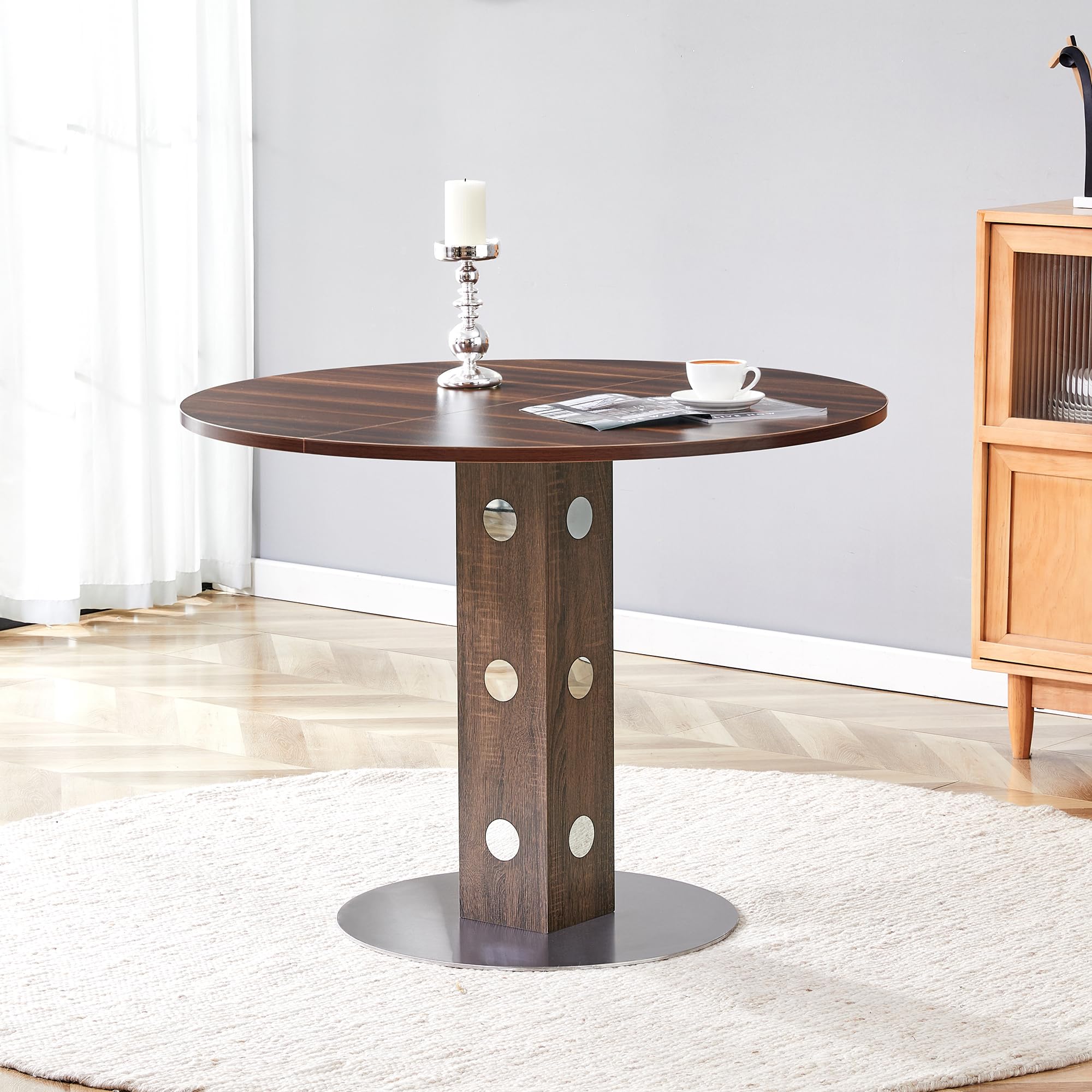 TIZZ Moderno tavolo da pranzo rotondo con piedistallo quadrato in legno e accenti a specchio, venature del legno di noce e base in metallo, per 2-4 persone, ideale per cucina, sala da pranzo e piccoli