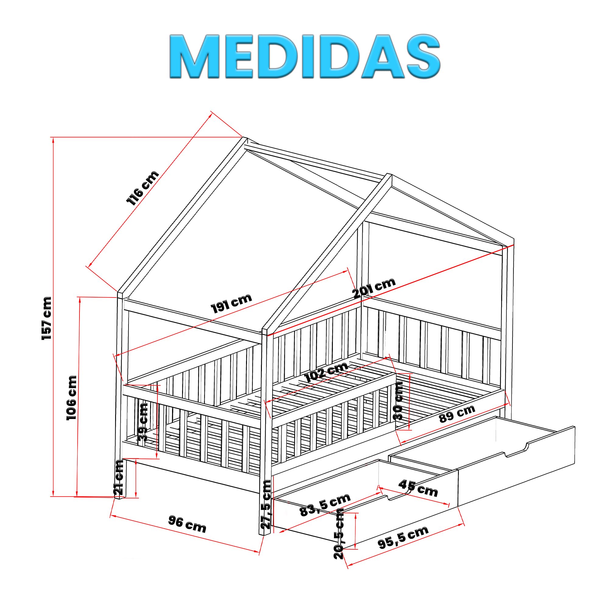 Unicview Cama Infantil Estilo cabaña de Madera Maciza con 2 cajones, Valla y somier, 90 x 200 cm, Color Blanco (sin colchón)