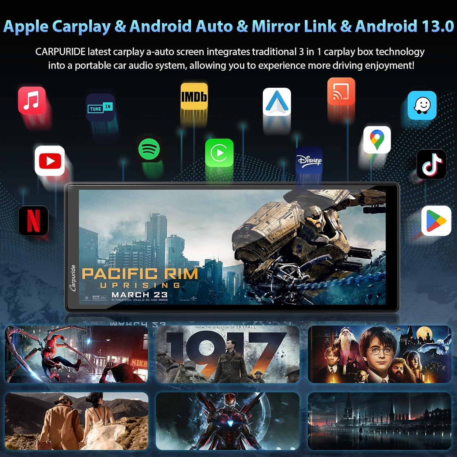 CARPURIDE Wireless CarPlay i Android Auto 4+64 GB, GPS Online i Offline, G00GLE Play, Mirror Link, Bluetooth, Antena GPS, Kamera Cofania, Pełny Ekran 10,26", Powierzchnia Wyświetlania 9,3"