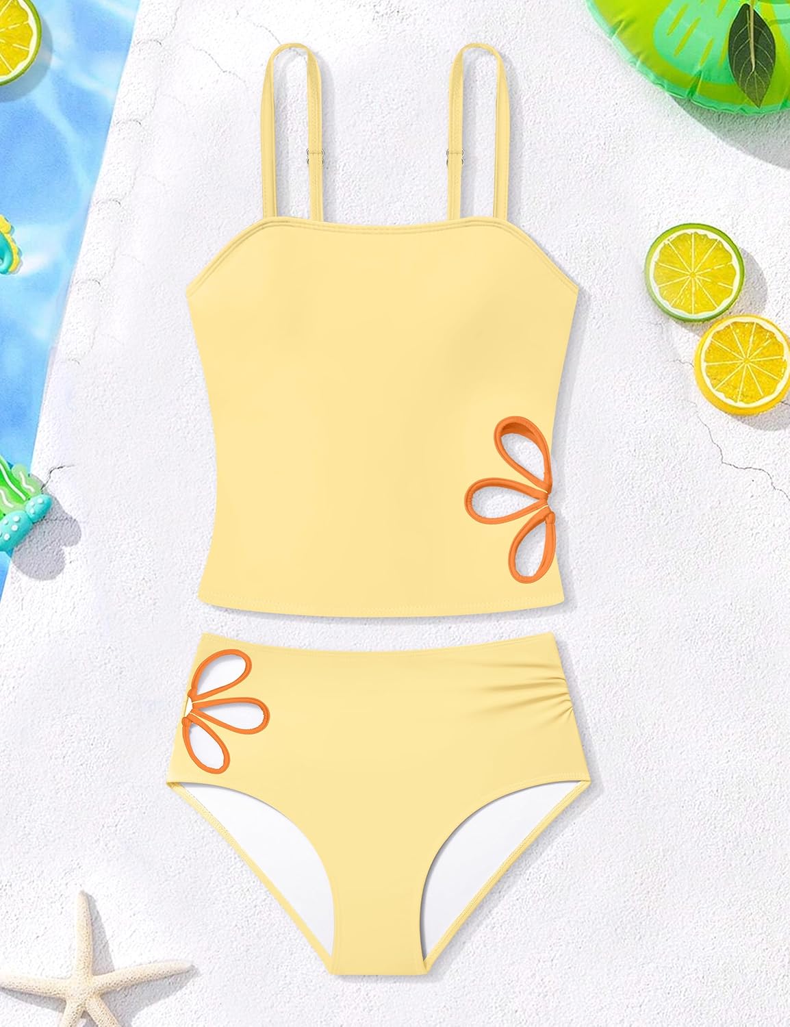 Girls Swimsuit Adjustable Straps Cut Out Swimwear 2 Piece Solid Color Tankini for Girls Bathing Suit 9-18Y