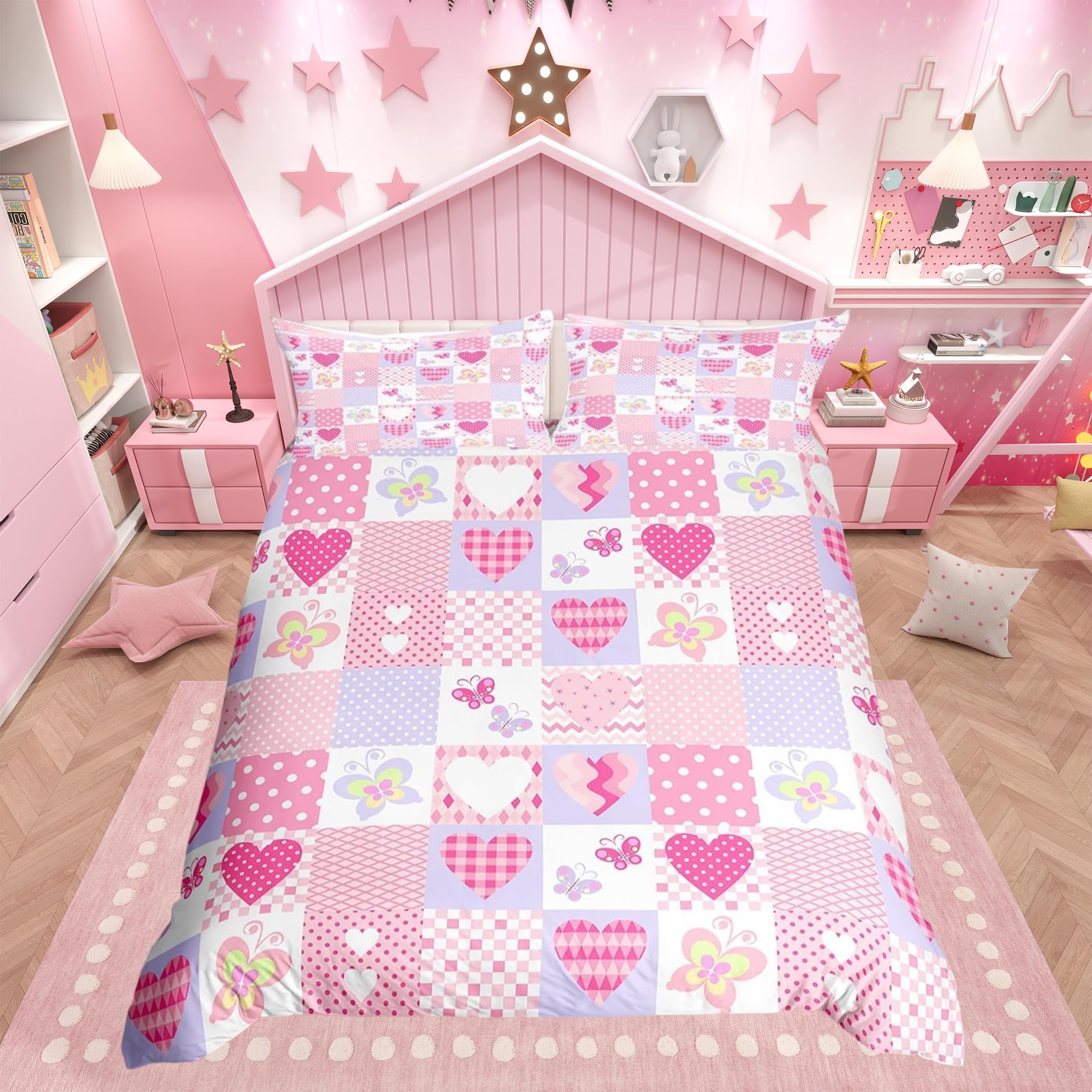 Homemissing Pink Butterfly Bedding Set Cartoon Butterfly Duvet Cover for Kids Polar Dot Comforter Cover Geometric Plaids Patchwork Bedspread Cover Breathable Bedding Collection 3Pcs King