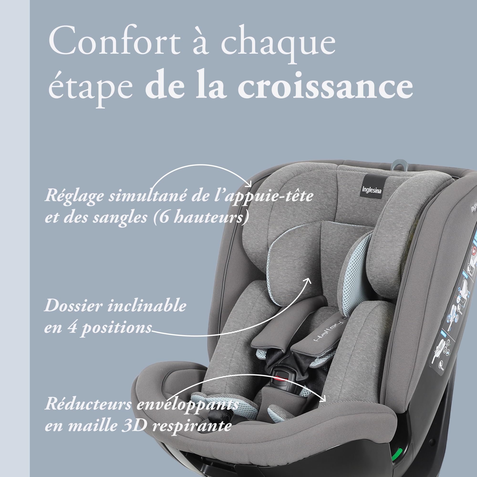 Inglesina Halley Pro, Noir, Siège Auto Pivotant 360° ISOFIX, de 0 à 12 Ans (40-150 cm), Inclinable et Respirant, Homologué ECE R129/03