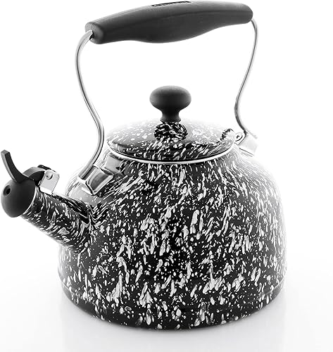 Chantal Tetera silbante vintage esmaltada sobre acero 17 cuartos de galón salpicaduras negras sobre blanco WK