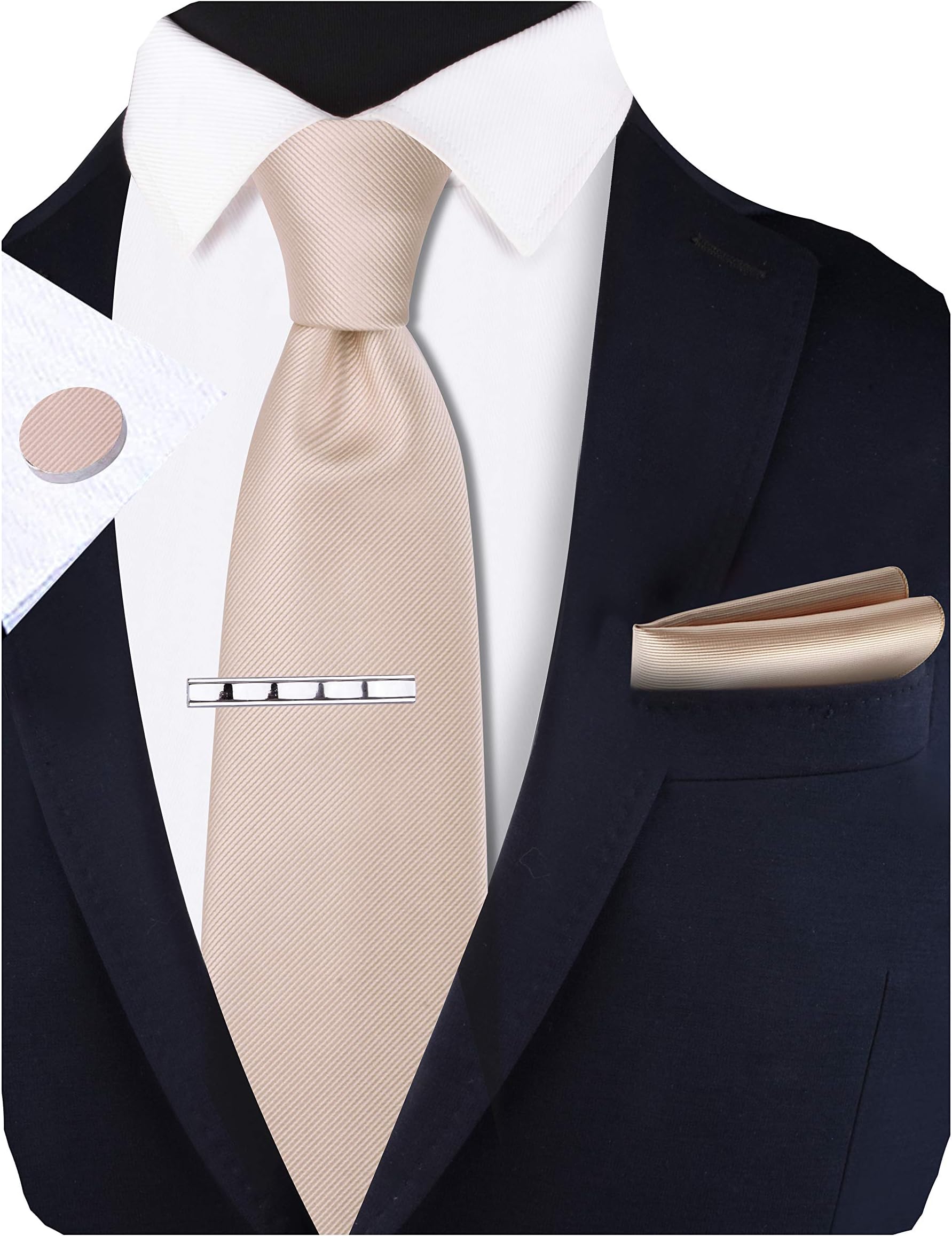 New 3.15"（8cm） Solid Color Necktie and Pocket Square Cufflinks Clip Set