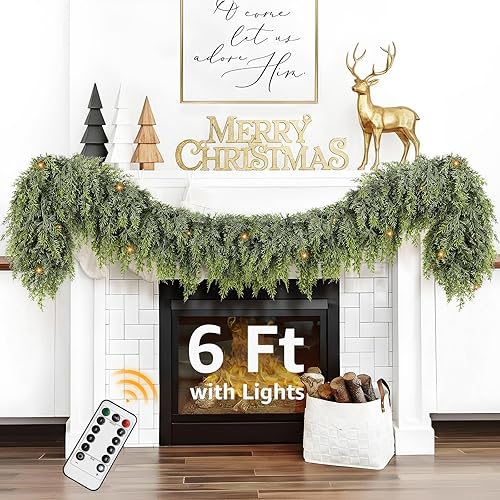 Guirnalda navideña de cedro para marco de chimenea con luces, 6 pies, guirnalda sintética de pino, apariencia realista, decoración de Navidad, para